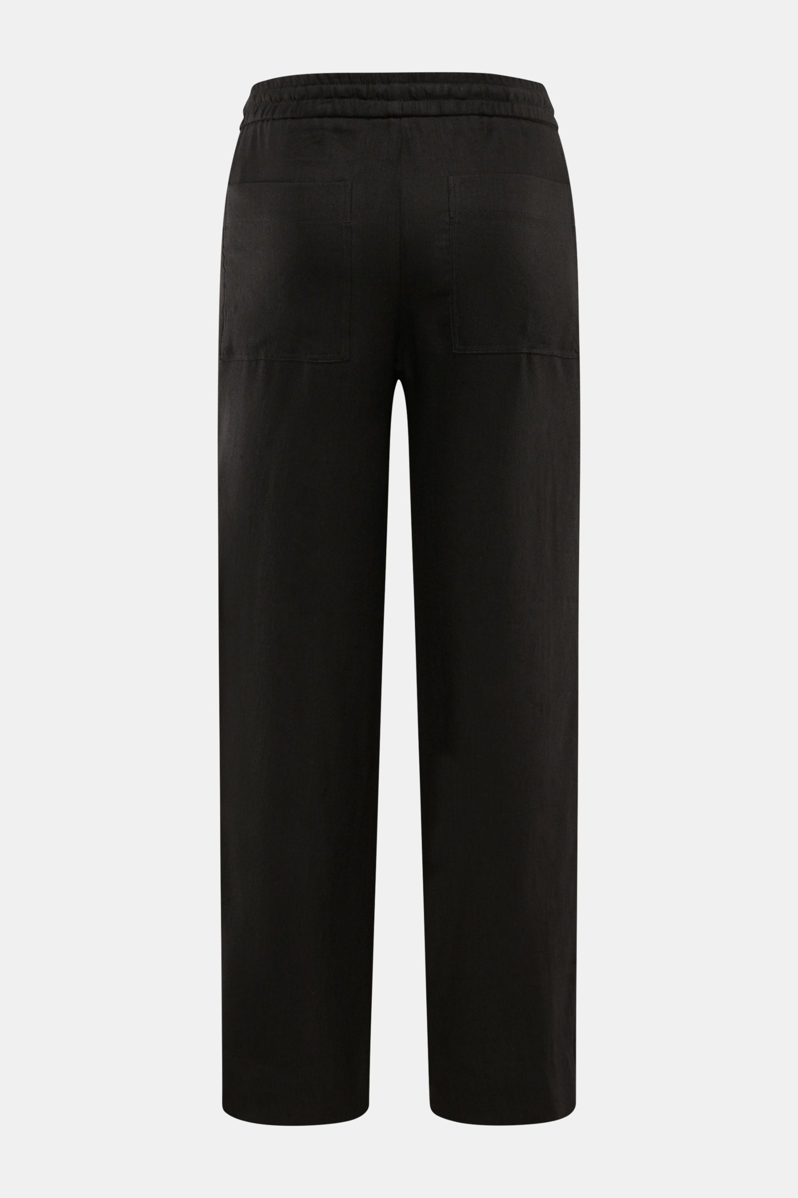 Rear view of Kiefermann Jogger pants 'Haltor' black, showing elasticated waistband, patch back pockets, short straight cut in lightweight linen-viscose blend.
