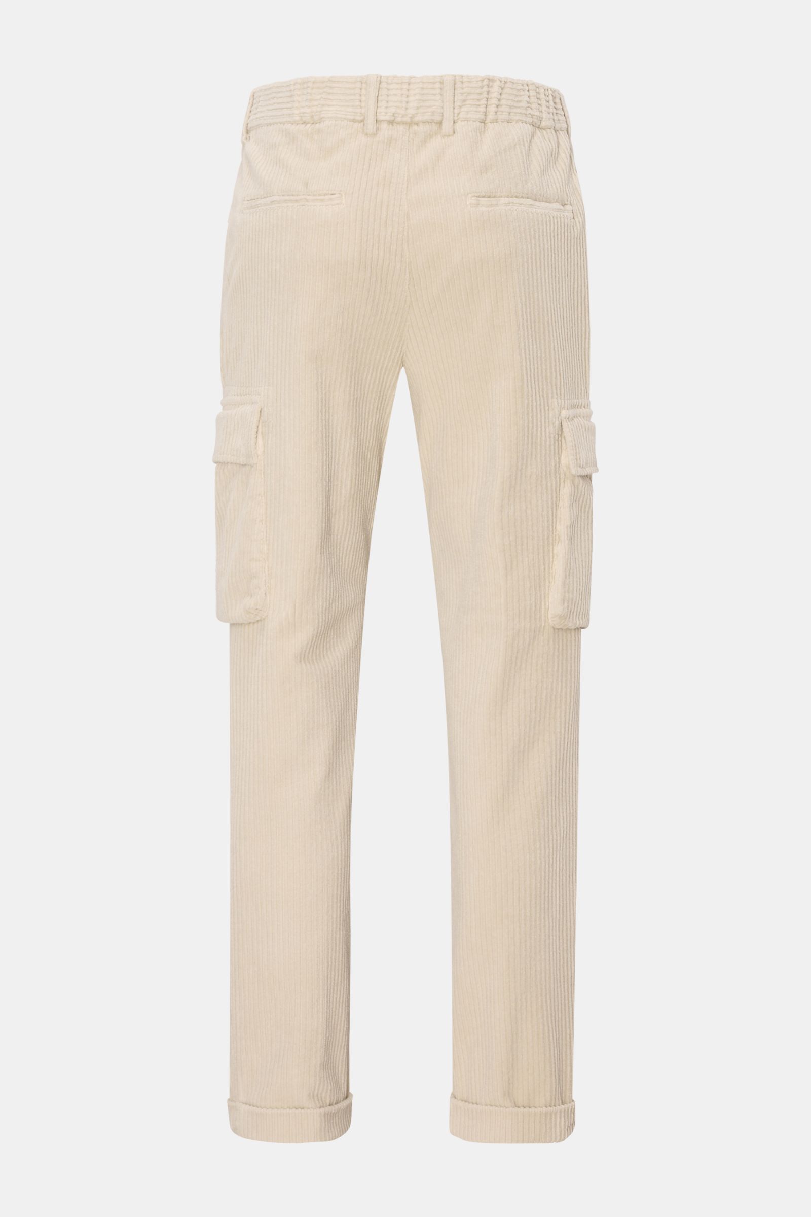 Beige 04651/ A trip in a bag Cord-Cargohose, rückwärtige Ansicht, elastischer Bund, Cargo- und paspelierte Gesäßtaschen, schmal zulaufend.