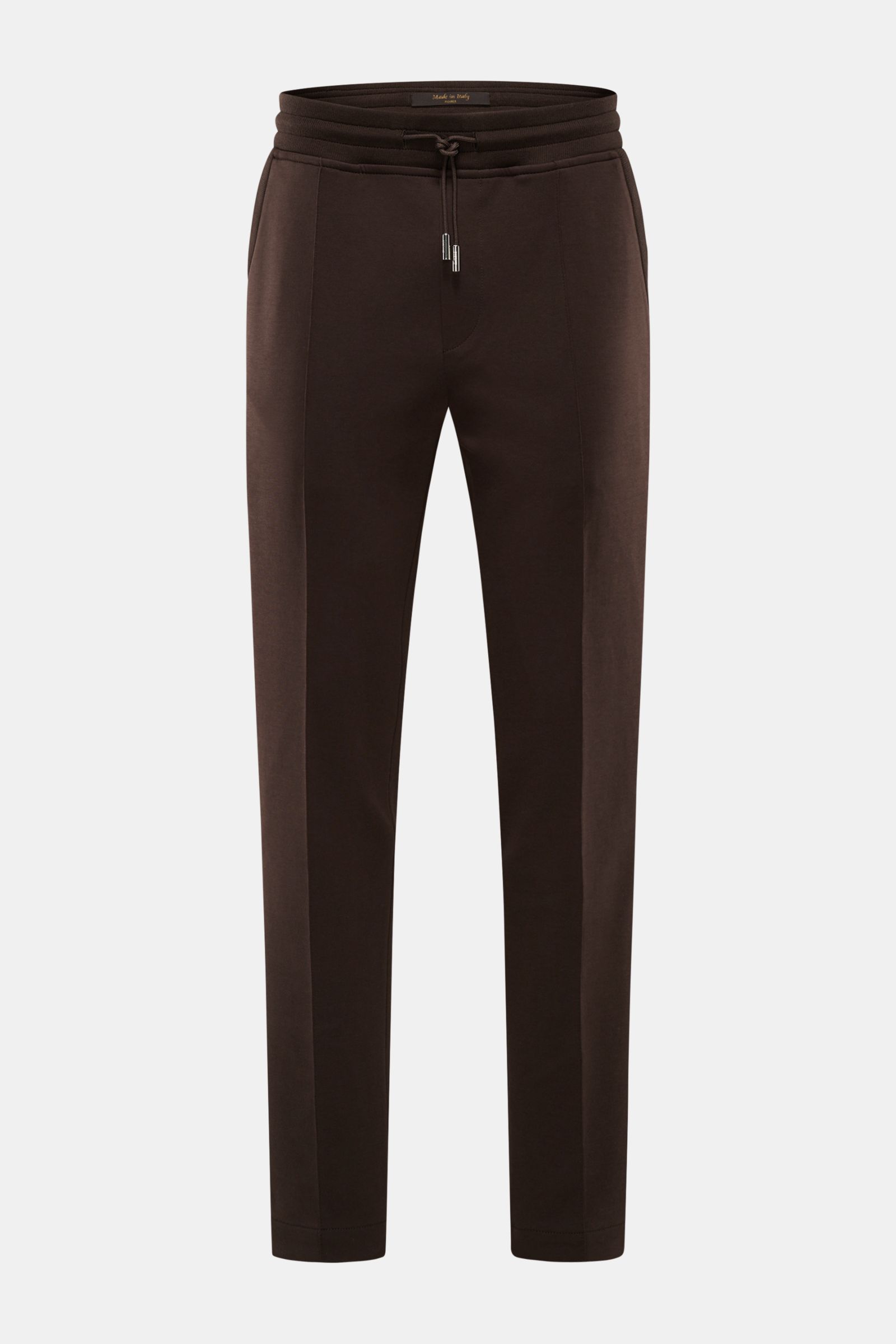 Front view of Moorer Sweat pants 'Crispin' dark brown, casual yet stylish cotton blend jersey trousers with stitched crease.

Description: Casual yet stylish – that's what MOORER does best, creating the elegant 'Crispin' jersey trousers in a cotton ble