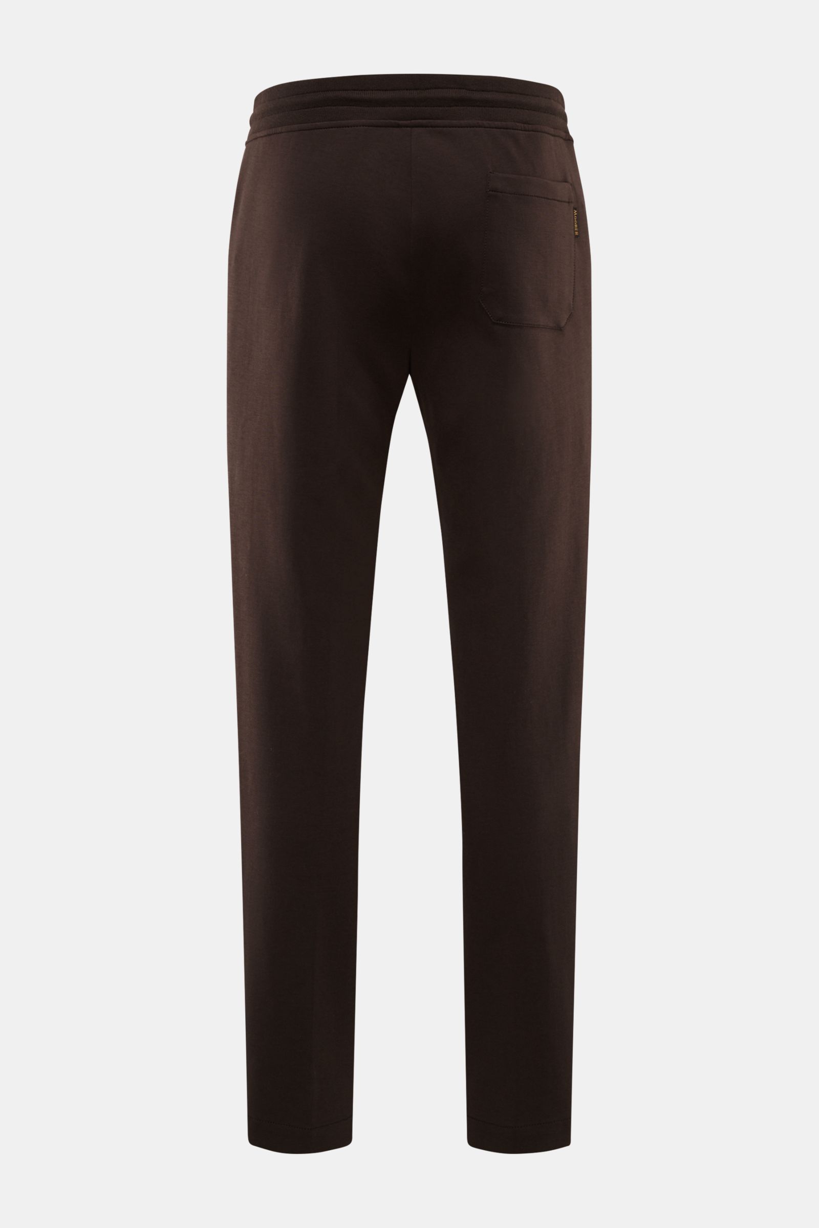 Rear view of Moorer Sweat pants 'Crispin' dark brown made of cotton blend jersey with elastic waistband, drawstring, and patch pocket.

Description:
Casual yet stylish – that's what MOORER does best, creating the elegant 'Crispin' jersey trousers in a 