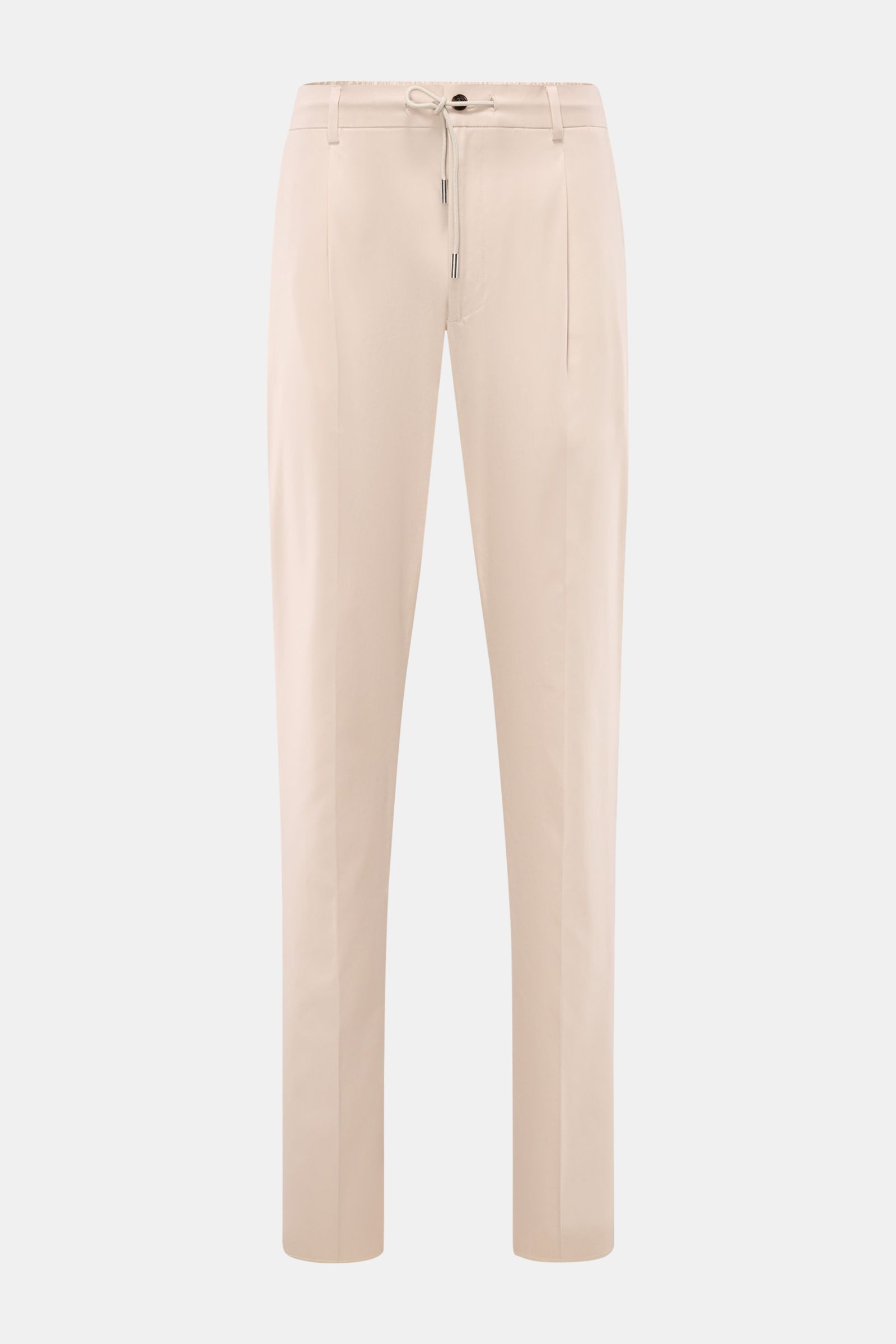Front view of Moorer Jogger pants 'Anton' beige in lightweight cotton twill, featuring a casual fit, partially elasticated waistband with drawstring, zip and button, French pockets, single pleat, back button pockets, small woven label, and open hem length