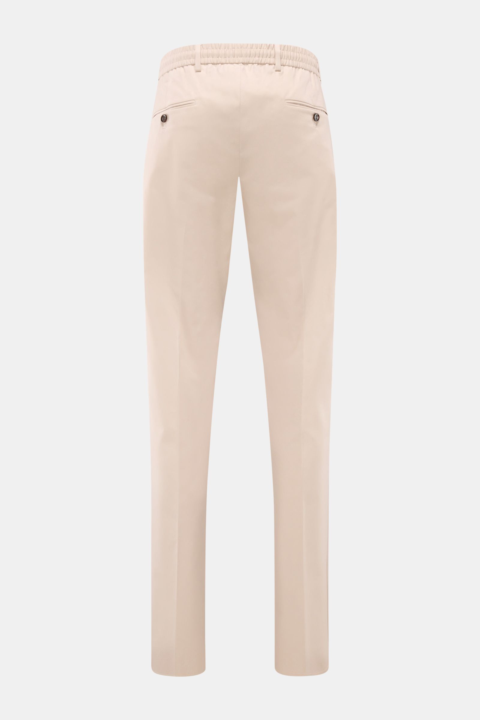 Rear view of Moorer Jogger pants 'Anton' beige in lightweight cotton twill with partially elasticated waistband, back button pockets, and soft fabric.