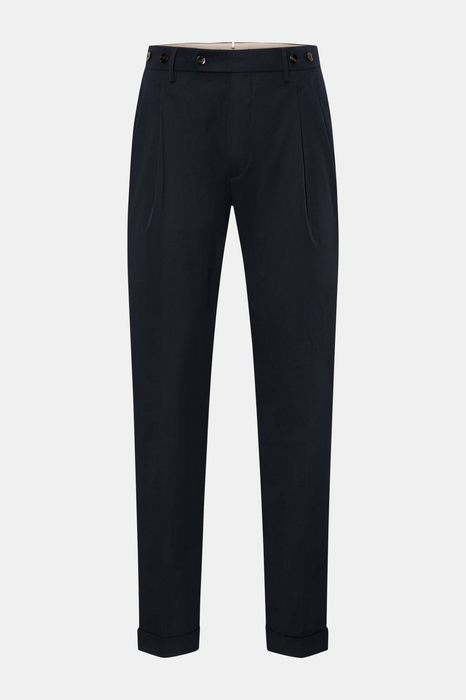 Front view of Berwich Chino 'Barber' navy, classic cotton twill with light stretch, double pleats, buttoned suspender tabs, regular fit, tapered legs, side and back welt pockets, fixed cuff.