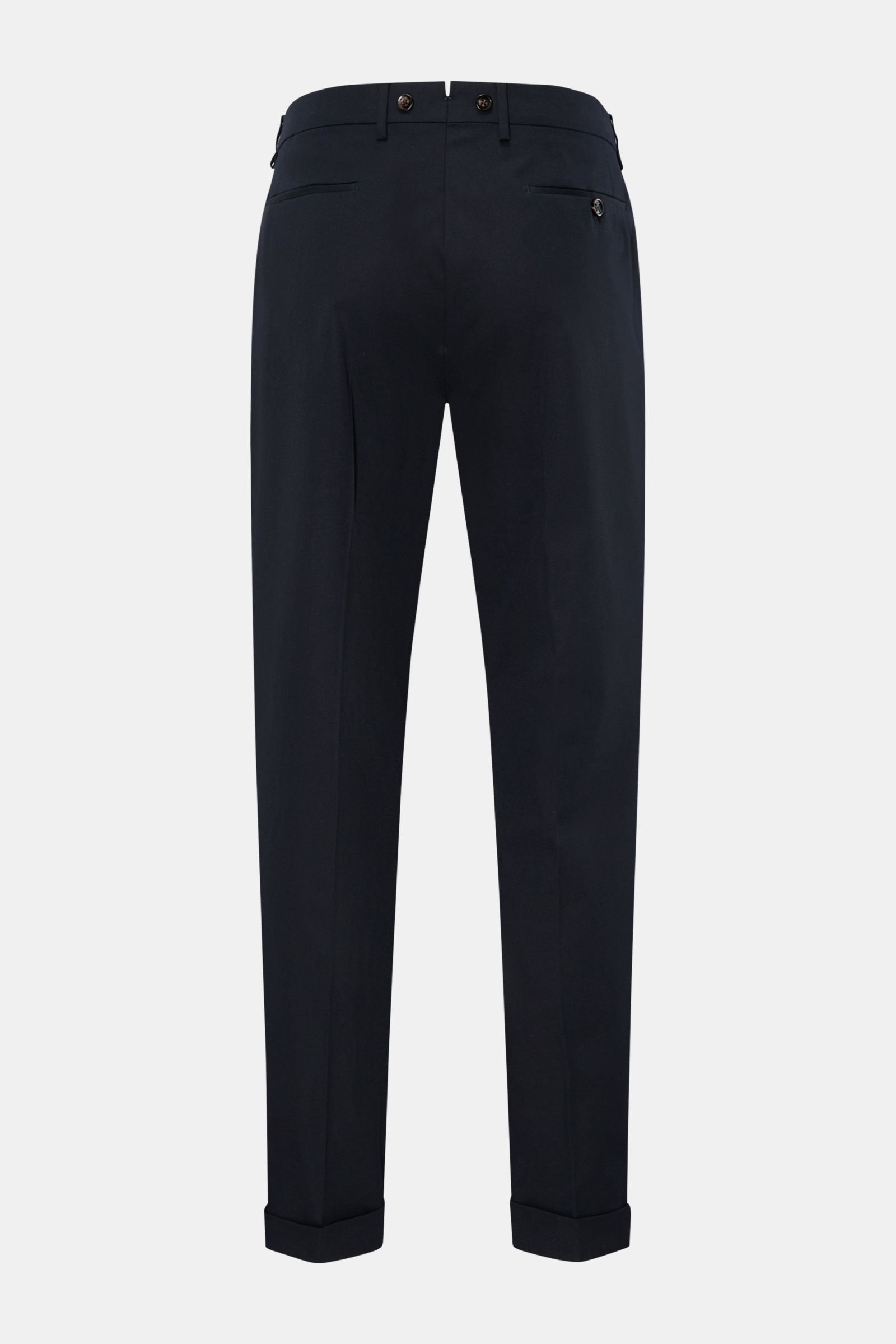 Rear view of Berwich Chino 'Barber' navy trousers made from classic cotton twill with light stretch, double pleats, buttons for suspenders, regular fit, tapered legs, side seam pockets, welt back pockets, fixed cuffs, and extended button tab.