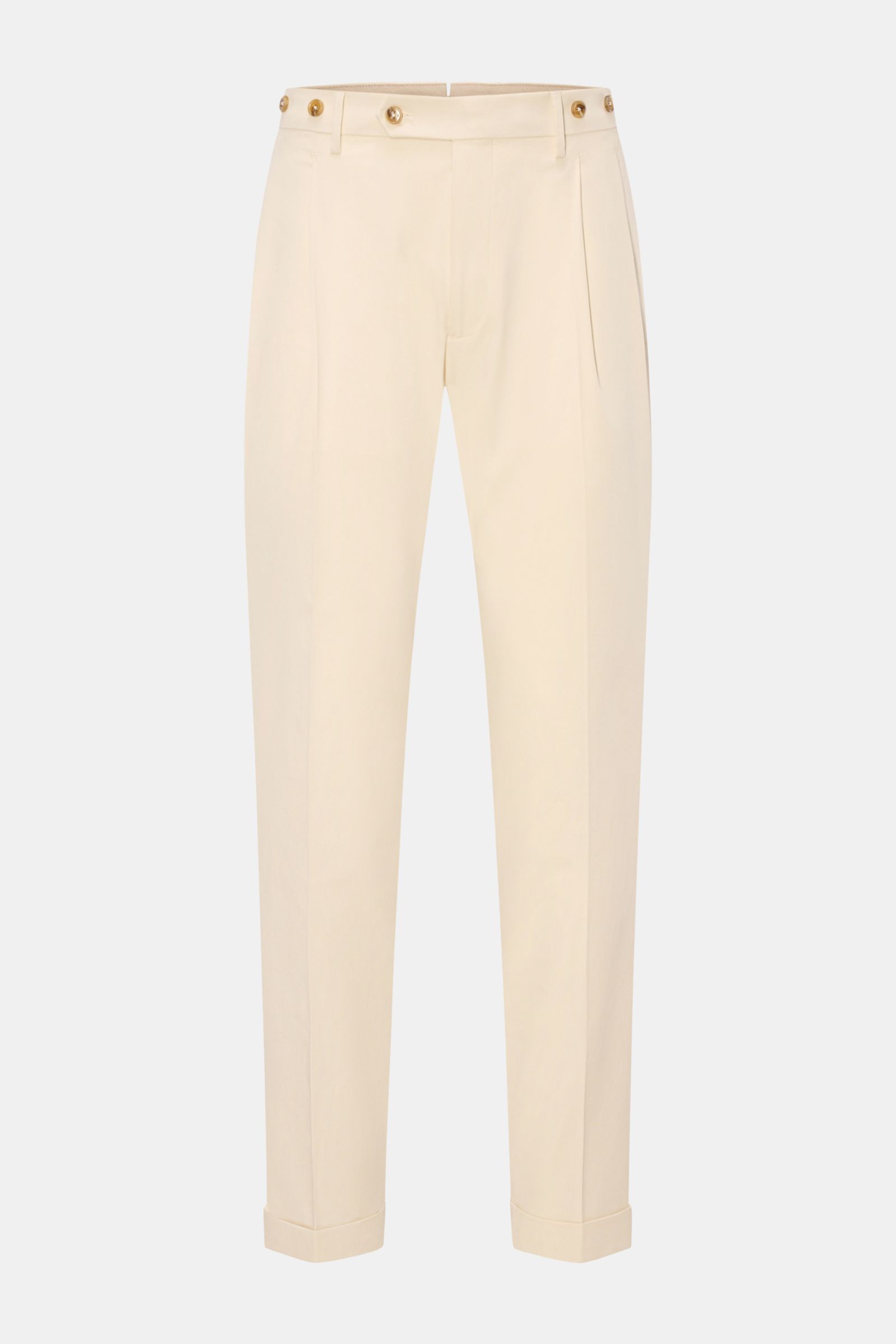 Front view of Berwich Chino 'Barber' creme pants made from cotton twill with light stretch, double pleats, buttons for suspenders, side seam pockets, and cuffed hems. Die Chino 'Barber' von BERWICH wurde aus klassichem Baumwoll-Twill gefertigt und ist 