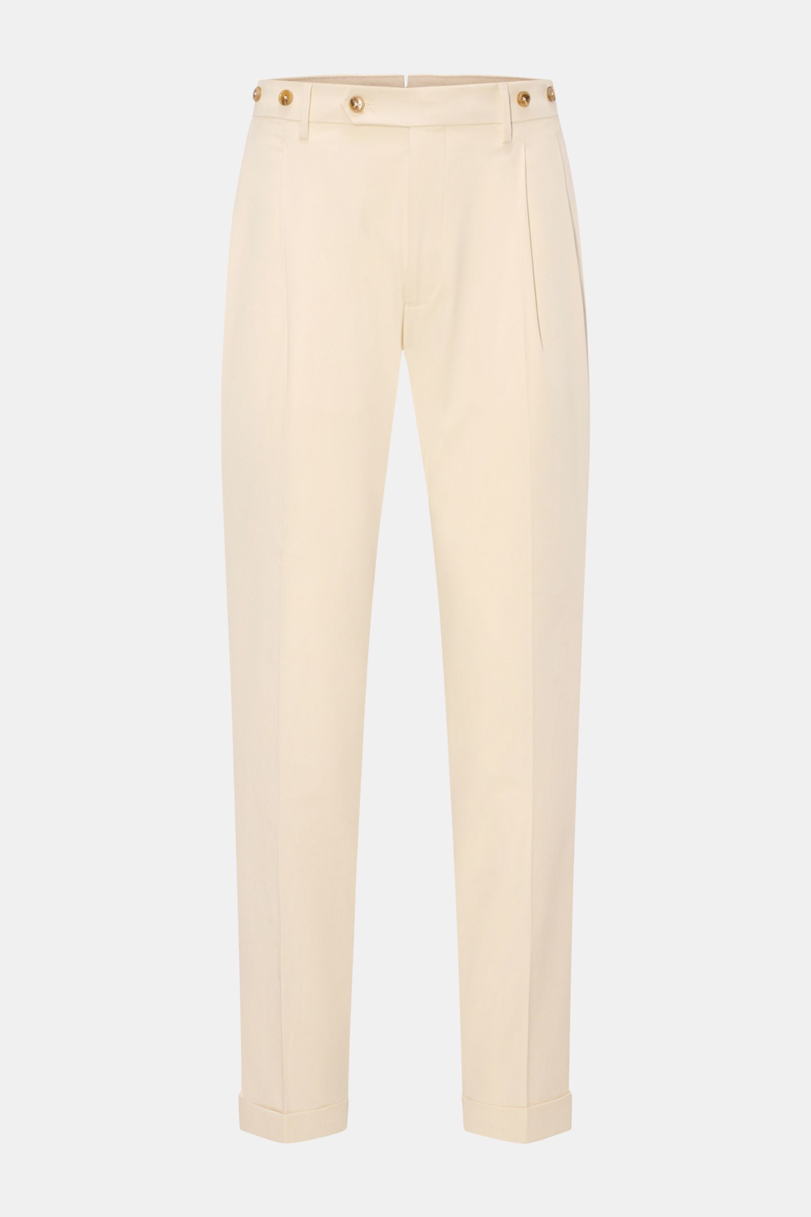 Berwich Chino 'Barber' creme, frontale Ansicht, klassische Baumwoll-Twill-Hose mit doppelten Bundfalten, Hosenträgerknöpfen, leicht schmal zulaufend.