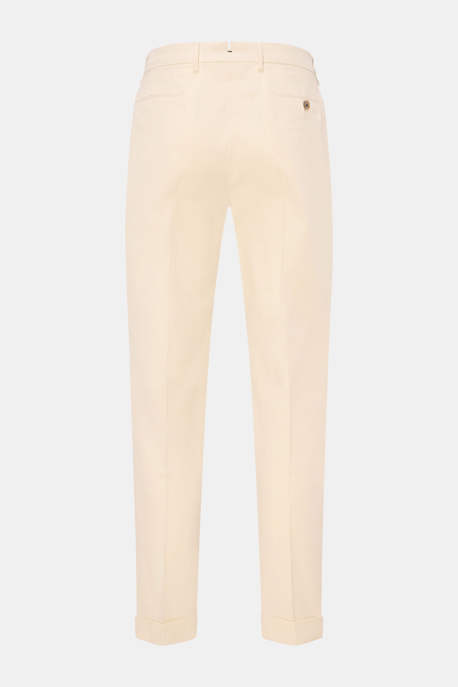 Berwich Chino 'Barber' creme shown from the back, classic cotton twill with light stretch, double pleats, buttoned suspenders, regular fit.