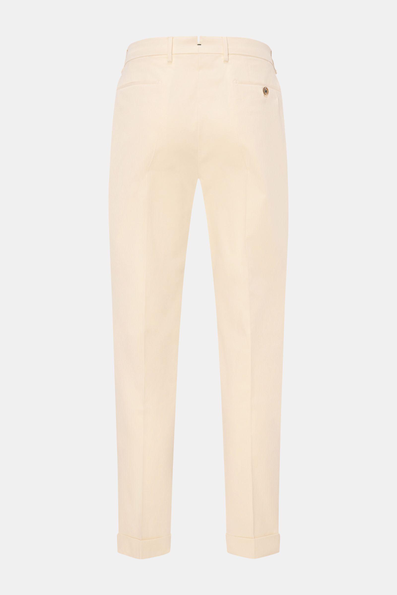 Berwich Chino 'Barber' creme, Rückansicht, Baumwoll-Twill mit Stretch, doppelte Bundfalten, Hosenträgerknöpfe, Regular Fit, schmal zulaufend.