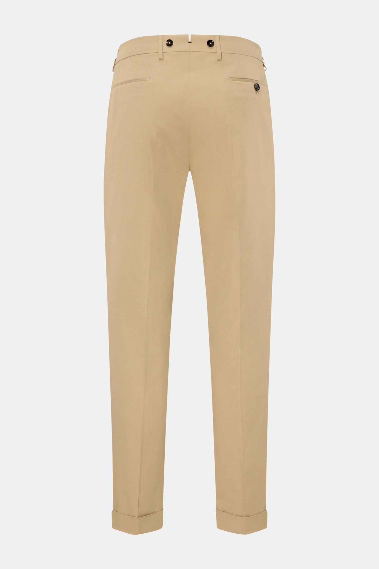 Berwich Chino 'Barber' beige shown from the back, made of cotton twill with light stretch, featuring double pleats, buttons for suspenders, side seam and welt back pockets, regular fit, slightly tapered legs, zipper and waistband buttons, extended button 