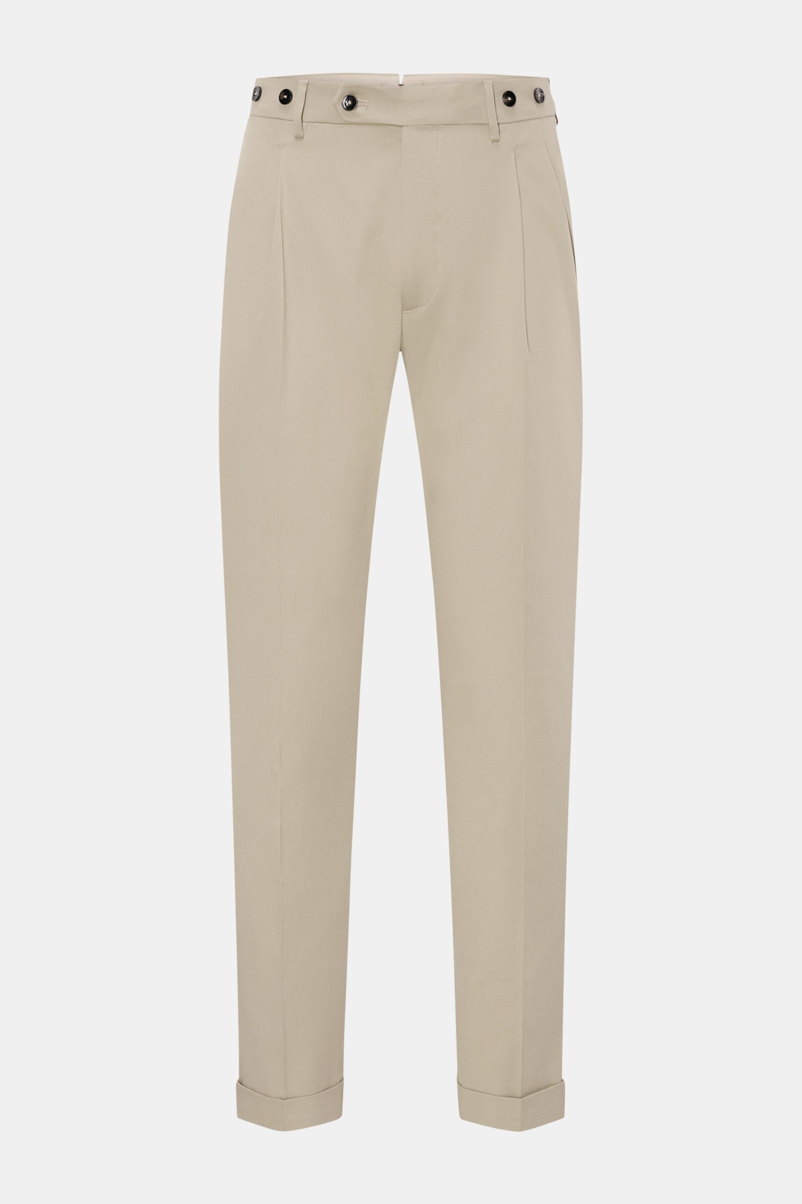 Berwich Chino 'Barber' taupe, frontale Ansicht, Baumwoll-Twill mit Stretch, doppelte Bundfalten, Knöpfe für Hosenträger, Regular Fit, Saumaufschlag.