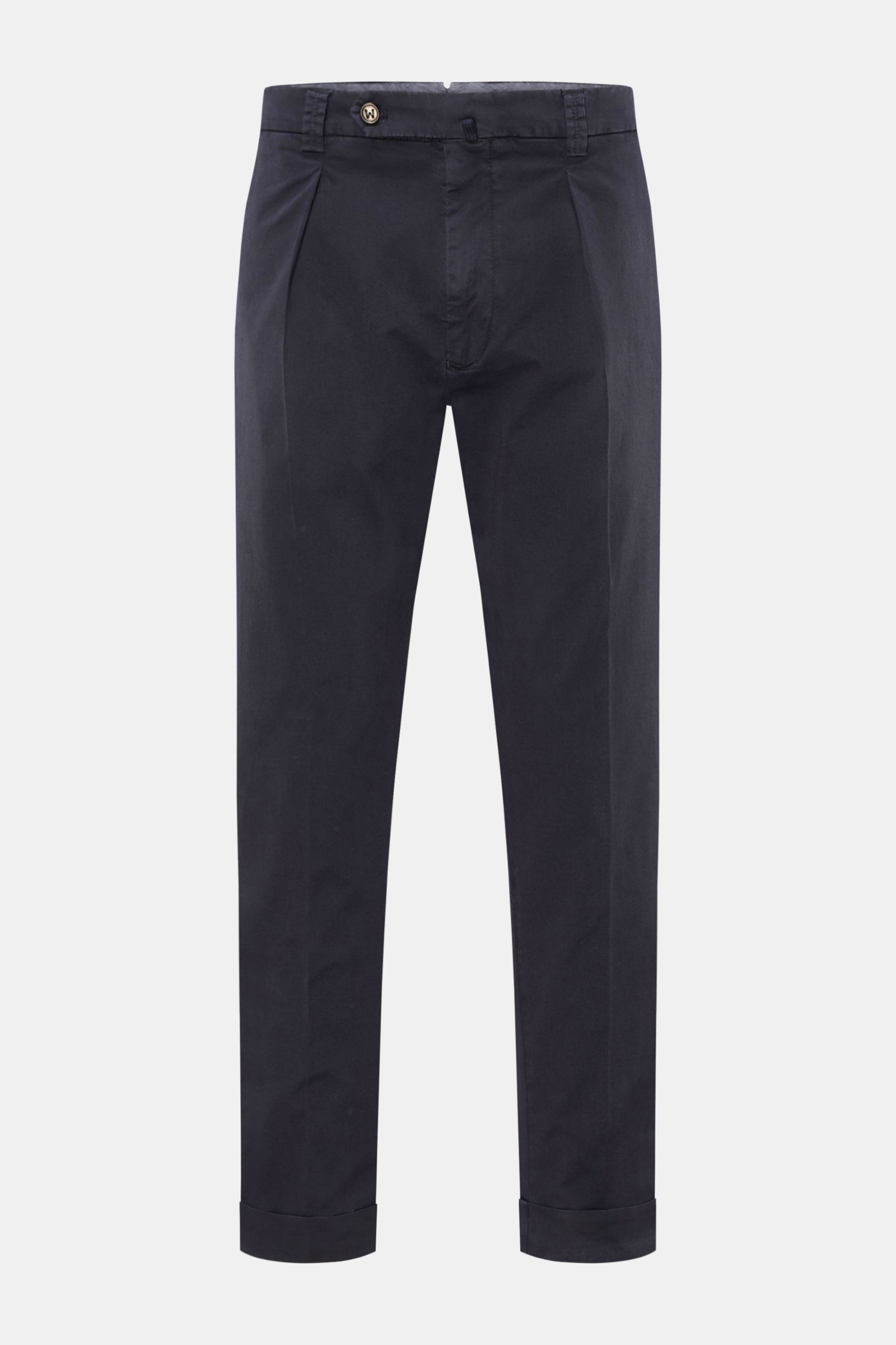 Berwich Chino 'Chiaia' navy, frontal fotografiert, Tapered Fit, leicht elastische Baumwolle, knöchellang, glatter Griff, Bundknöpfe, Taschen, Saumaufschlag.