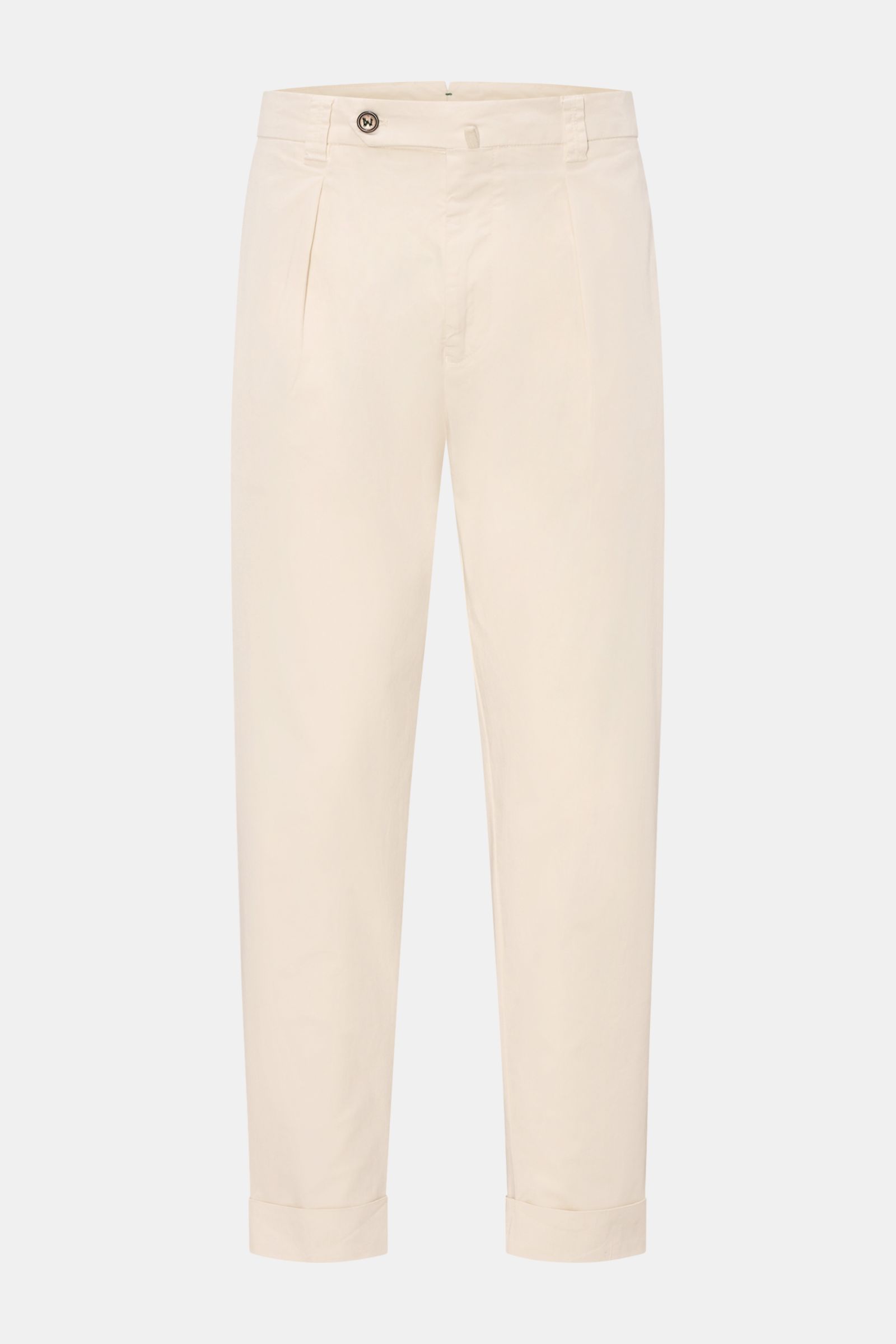 Berwich Chino 'Chiaia' creme aus leicht elastischer Baumwolle, Tapered Fit, knöchellang mit Bundknopf und fixiertem Saumaufschlag, Frontalansicht.