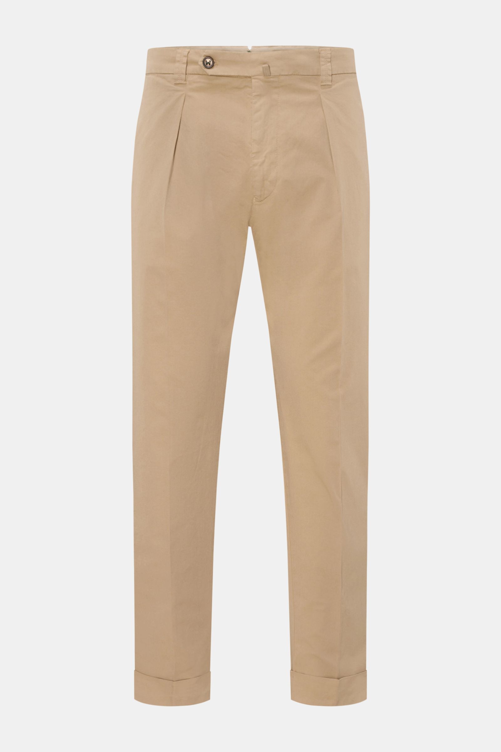 Berwich Chino 'Chiaia' beige in Frontansicht, knöchellang, aus leicht elastischer Baumwolle mit Tapered Fit, Bundknöpfen und Saumaufschlag.