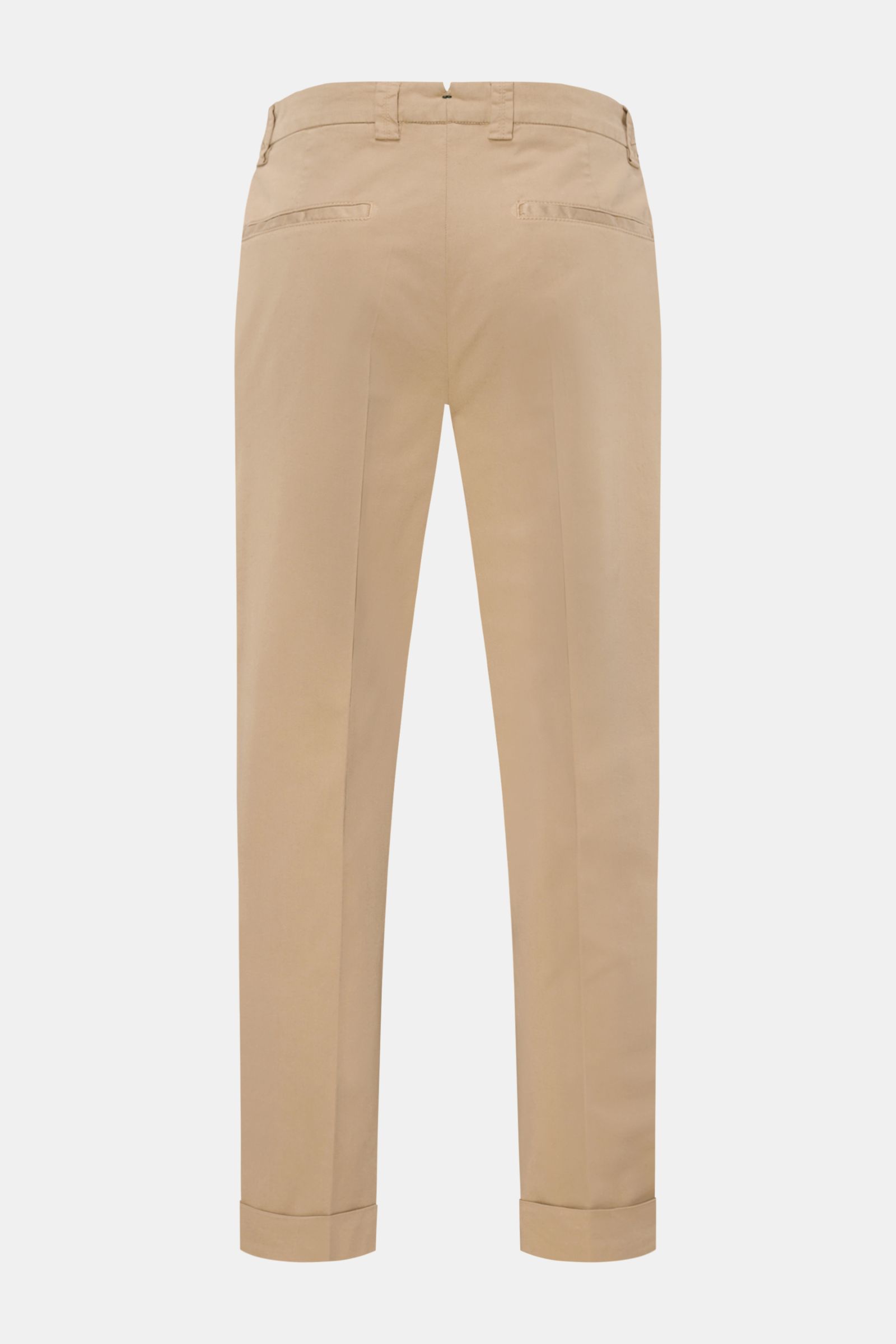 Berwich Chino 'Chiaia' beige von hinten, knöchellang mit fixiertem Saumaufschlag, leicht elastischer Baumwolle, Tapered Fit, Leistentaschen, Bundknöpfe.