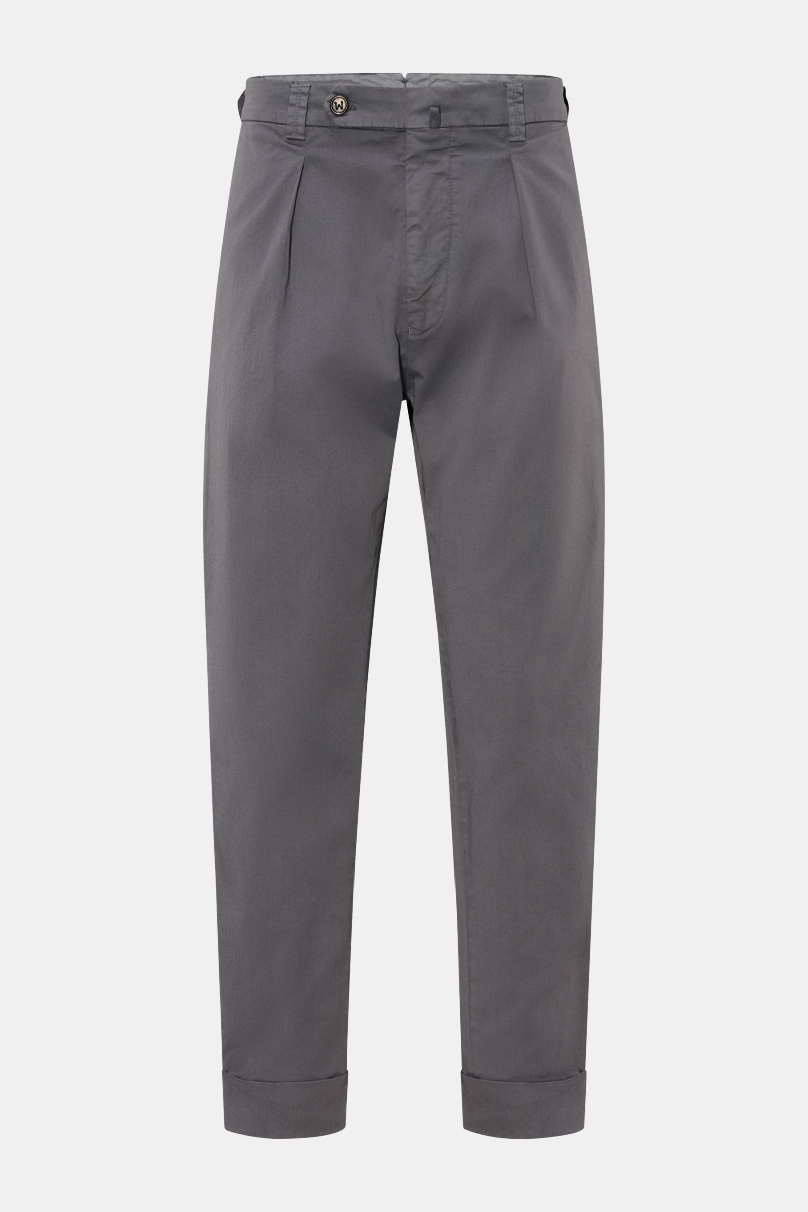 Berwich Chino 'Chiaia' dunkelgrau, frontale Ansicht, knöchellang, Tapered Fit, elastische Baumwolle, Bundknöpfe, Taschen, Saumaufschlag.