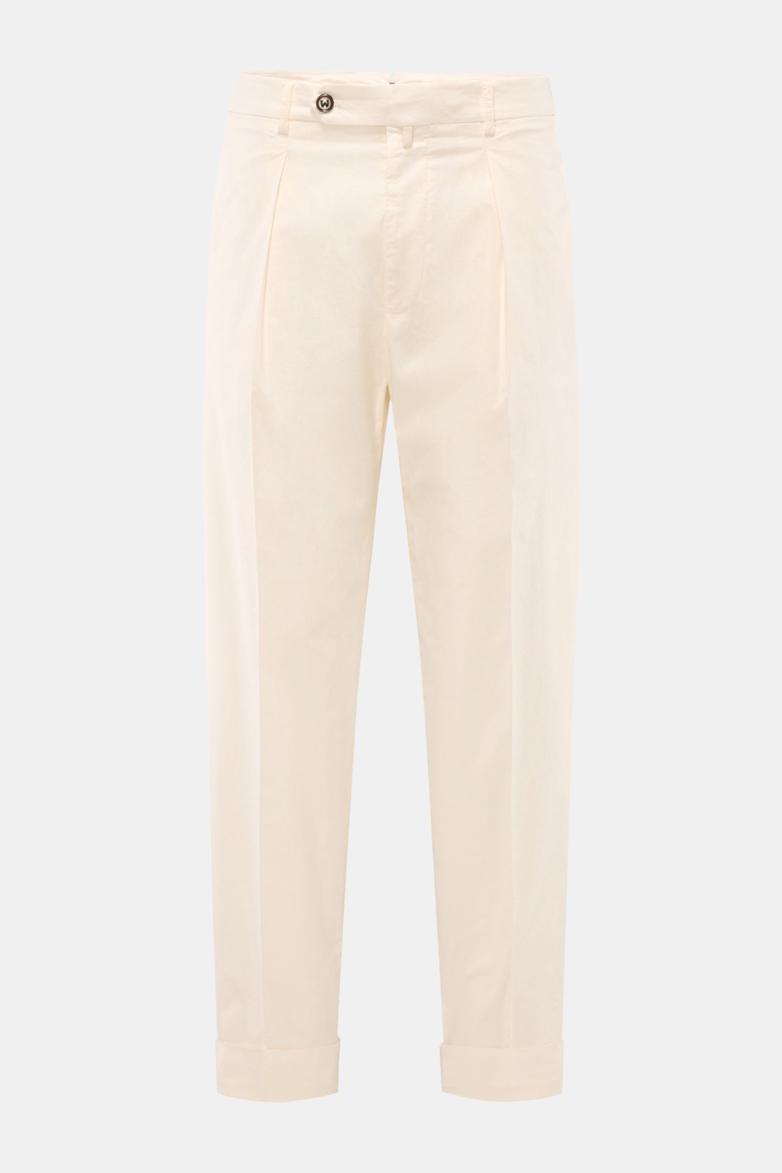 Front view of Berwich Hose 'Chiaia' creme, relaxed tapered fit cotton-Lyocell pants with soft feel, side and back pockets, ankle length.