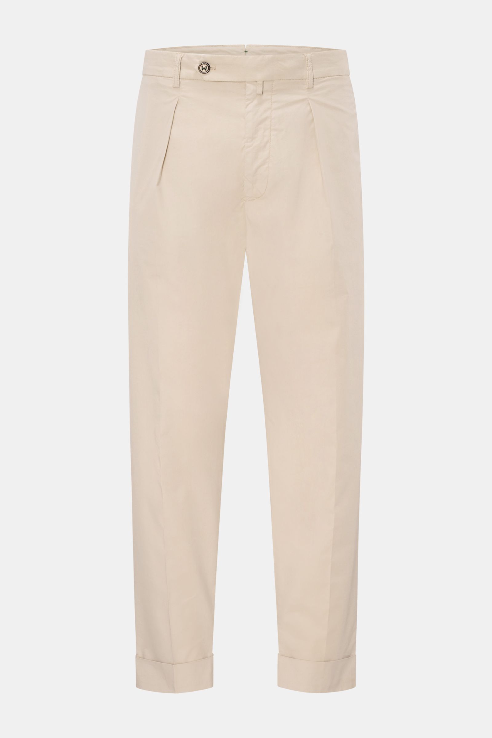 Berwich Hose 'Chiaia' beige, frontale Nahaufnahme, leichte Baumwoll-Lyocell Qualität, Tapered Fit, Bundfalte, knöchellang mit Saumaufschlag.