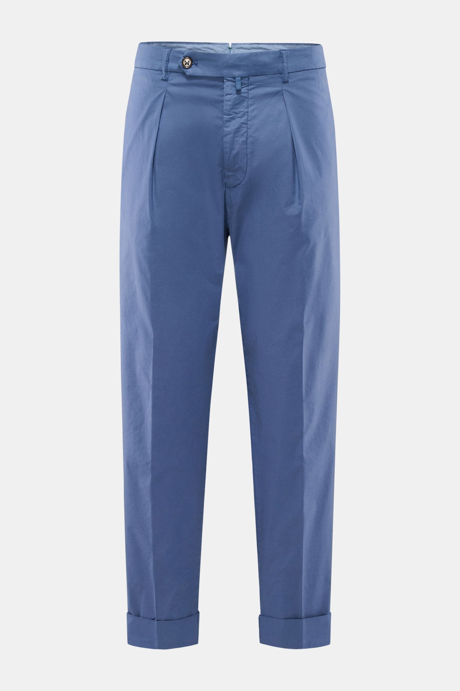 Front view of Berwich Hose 'Chiaia' graublau, lightweight cotton and lyocell blend, tapered fit, ankle length with cuff, pleated front.

Description for content: Entspannter Stil für die wärmere Jahreszeit: Die Hose 'Chiaia' von BERWICH überzeugt mit l