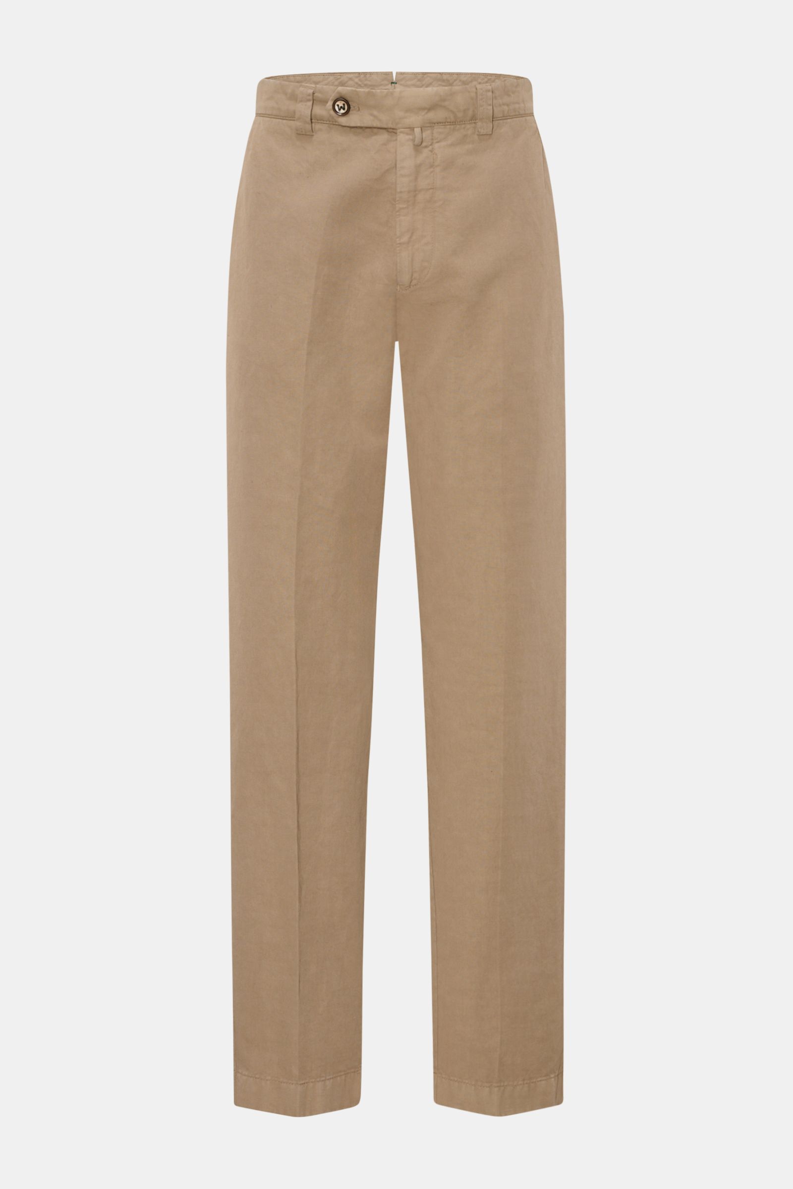 Berwich Chino 'Negroni' taupe front view, breathable cotton-linen twill, regular fit, slightly tapered, zipper and button closure.  
Die Chino 'Negroni' von BERWICH wurde aus atmungsaktivem Baumwoll-Leinen-Twill gefertigt und ist daher besonders komfor