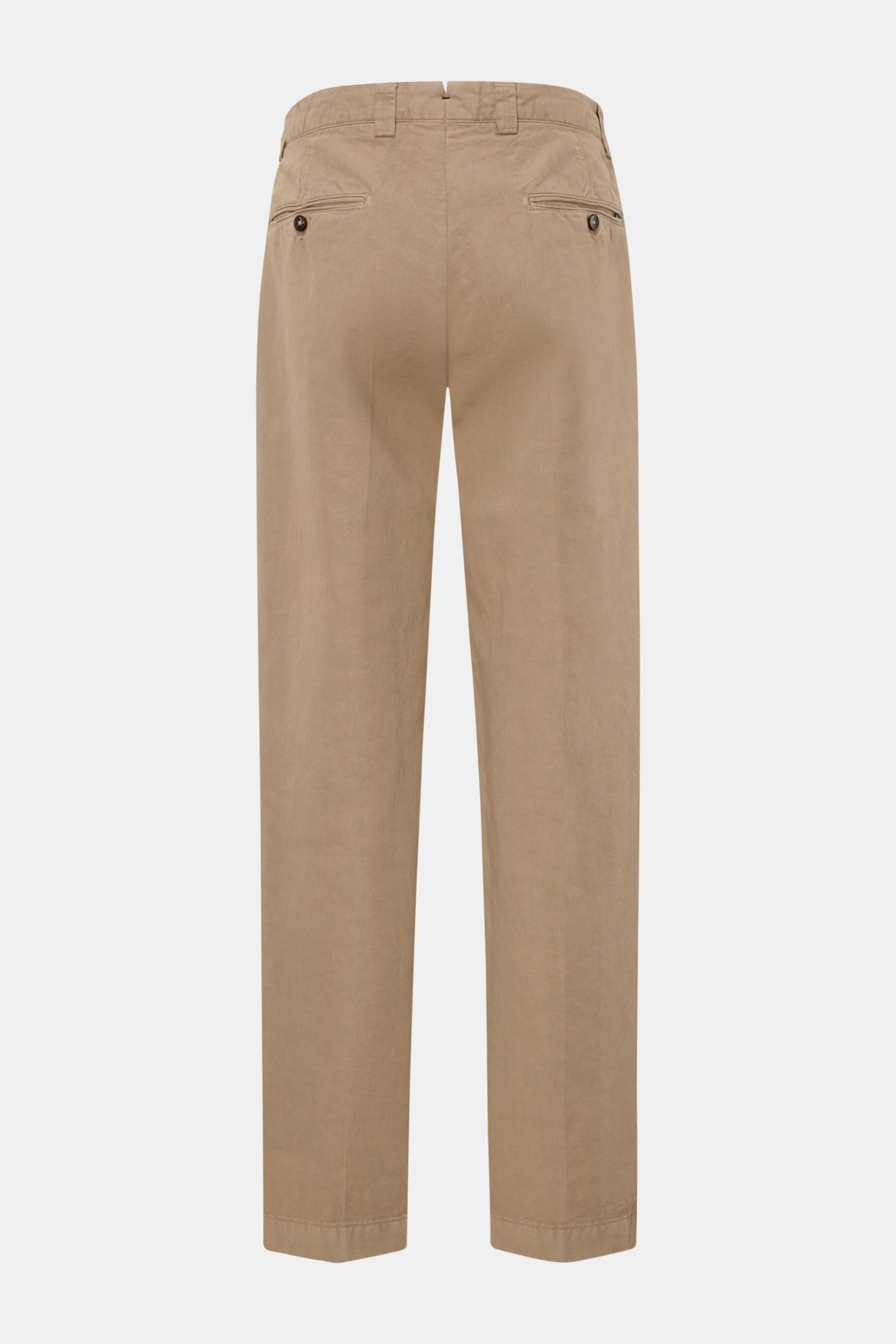 Rear view of Berwich Chino 'Negroni' taupe pants made from breathable cotton-linen twill, featuring regular fit, tapered legs, buttoned welt back pockets, French pockets, coin pocket, zipper, and extended button tab.

Description: Die Chino 'Negroni' v