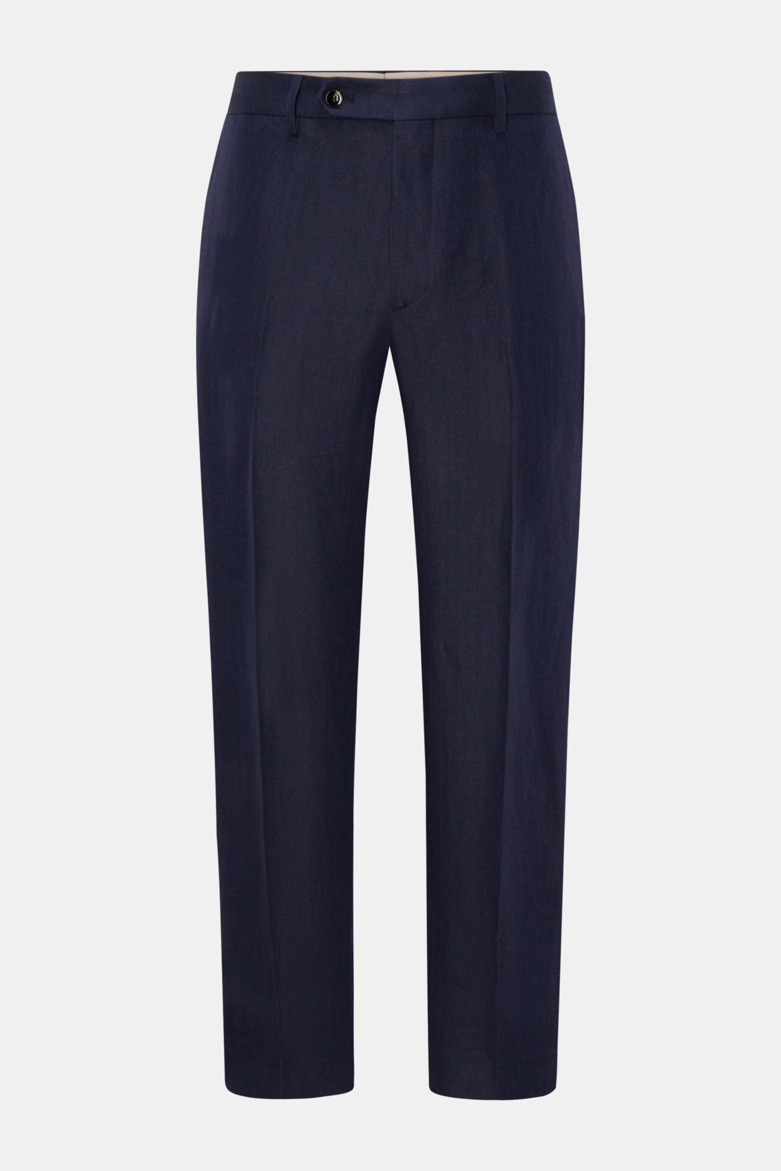 Front view of Berwich Linen trousers 'Chiaia' navy in pure linen with herringbone texture, tapered fit, French and jetted pockets, ankle length.

Description: The trousers 'Chiaia' in pure linen by BERWICH promise summery lightness – the material’s cla