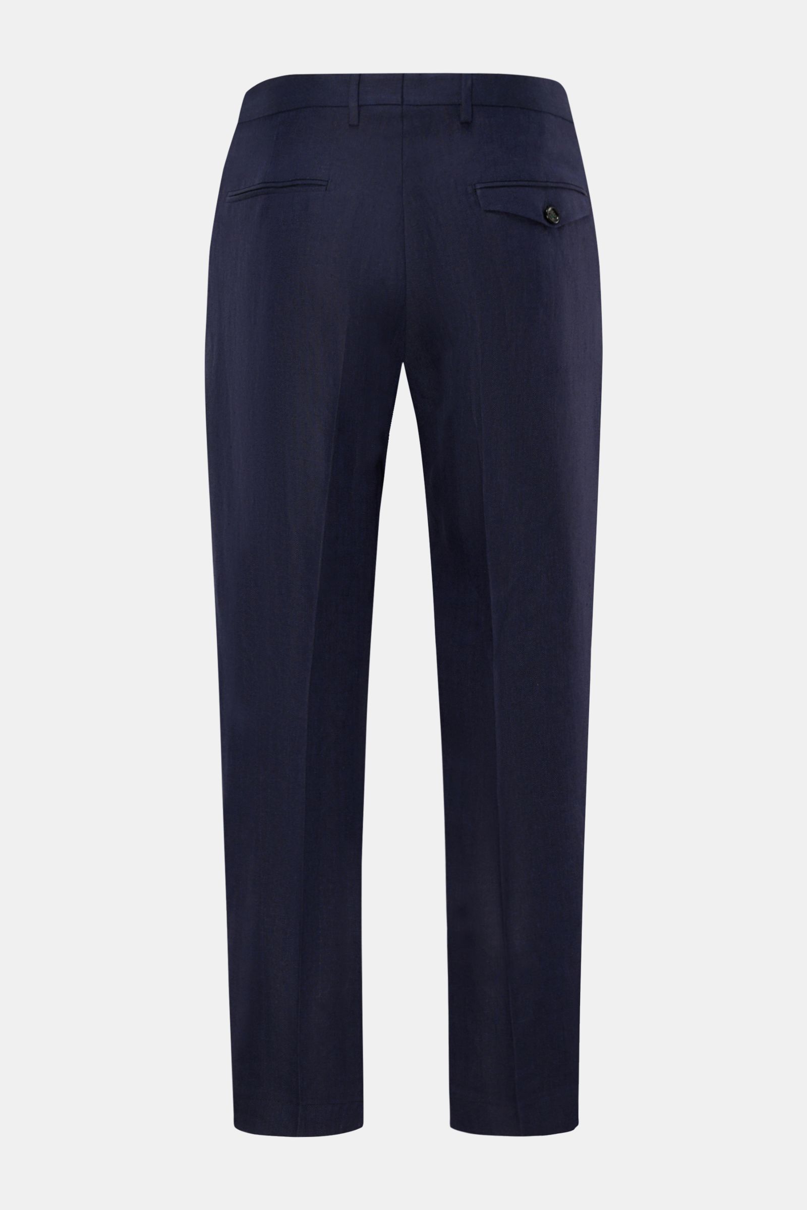 Rear view of Berwich Linen trousers 'Chiaia' navy in pure linen with herringbone texture, tapered fit, ankle length, and buttoned back pockets.
