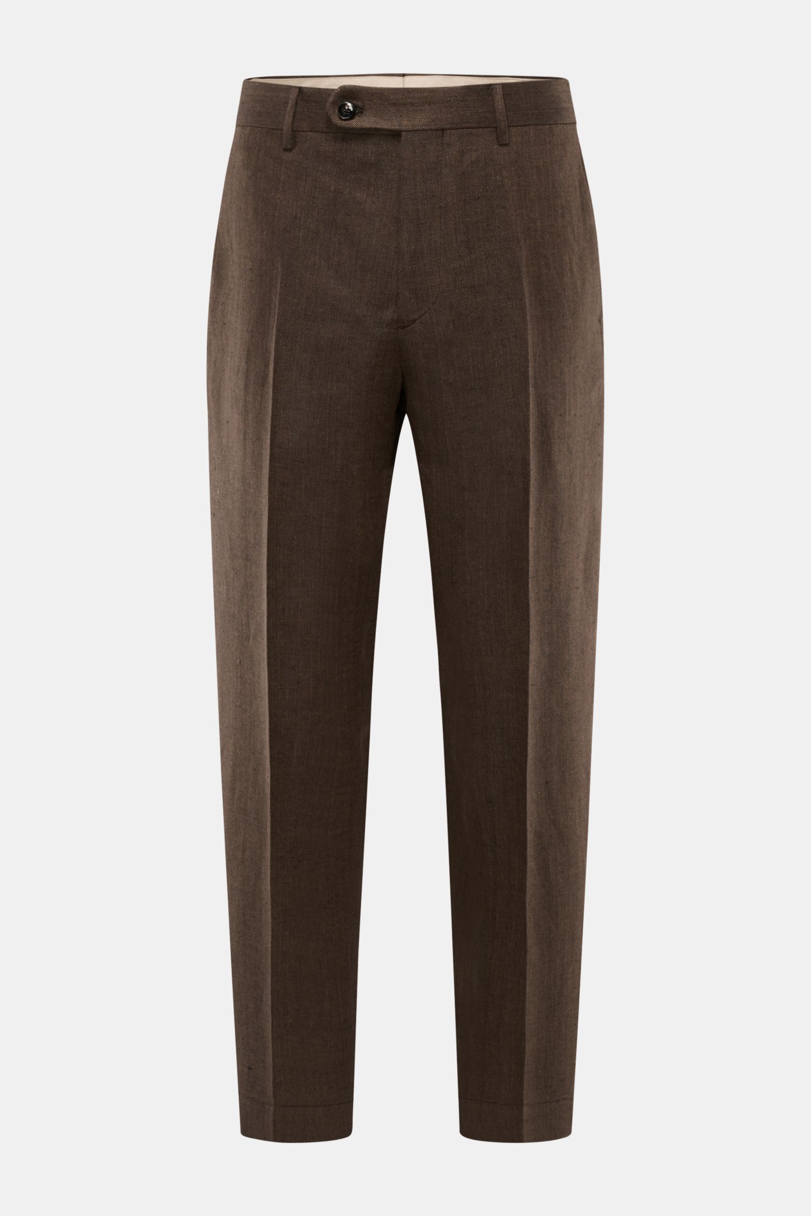 Front view of Berwich Leinenhose 'Chiaia' dunkelbraun, slim tapered fit pure linen trousers with herringbone texture, ankle length.

Description: Sommerliche Leichtigkeit verspricht die Hose 'Chiaia' von BERWICH aus reinem Leinen – die materialtypische
