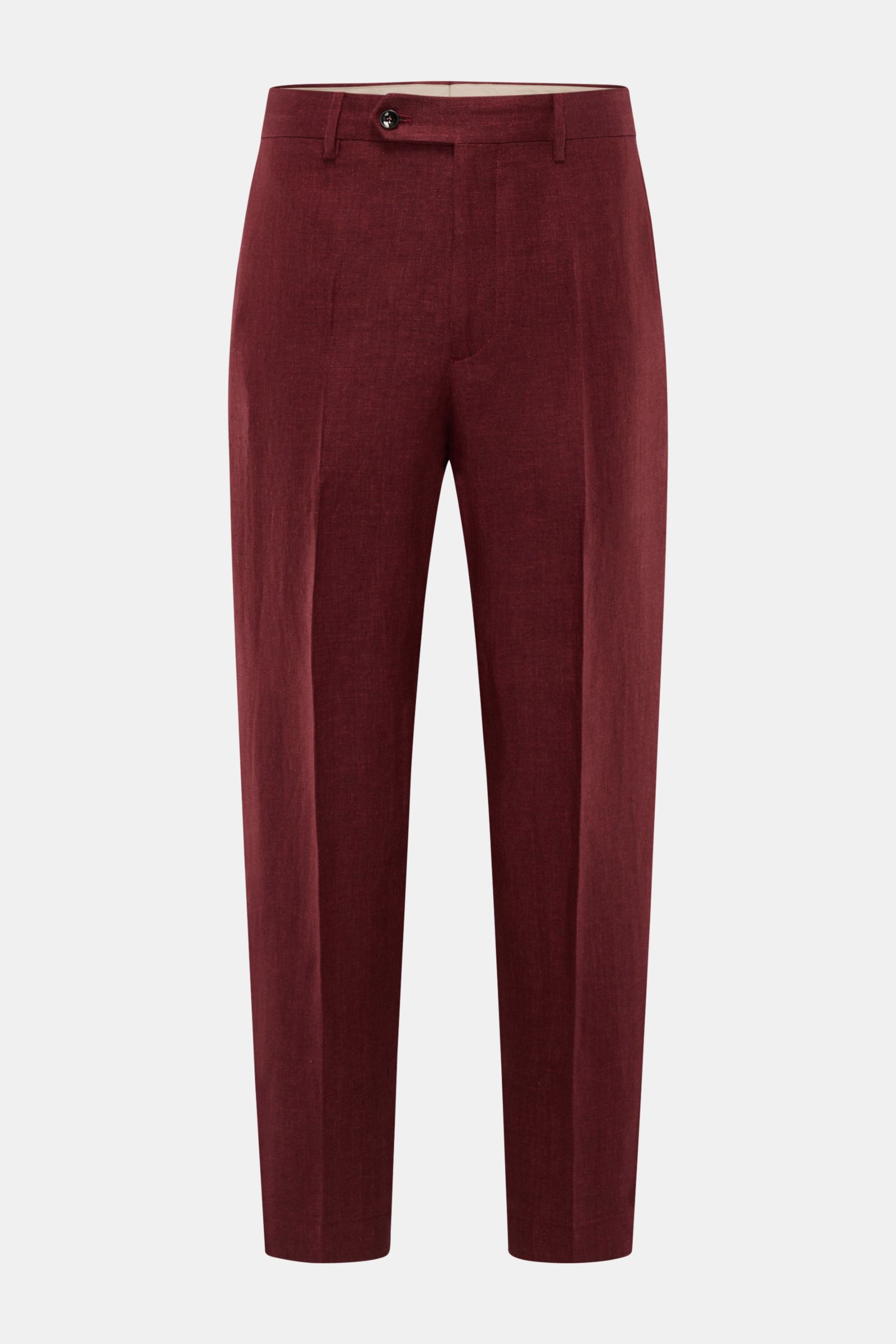 Front view of Berwich Leinenhose 'Chiaia' bordeaux linen trousers with tapered fit, herringbone texture, button closure, and ankle length.

Sommerliche Leichtigkeit verspricht die Hose 'Chiaia' von BERWICH aus reinem Leinen – die materialtypische Hapti