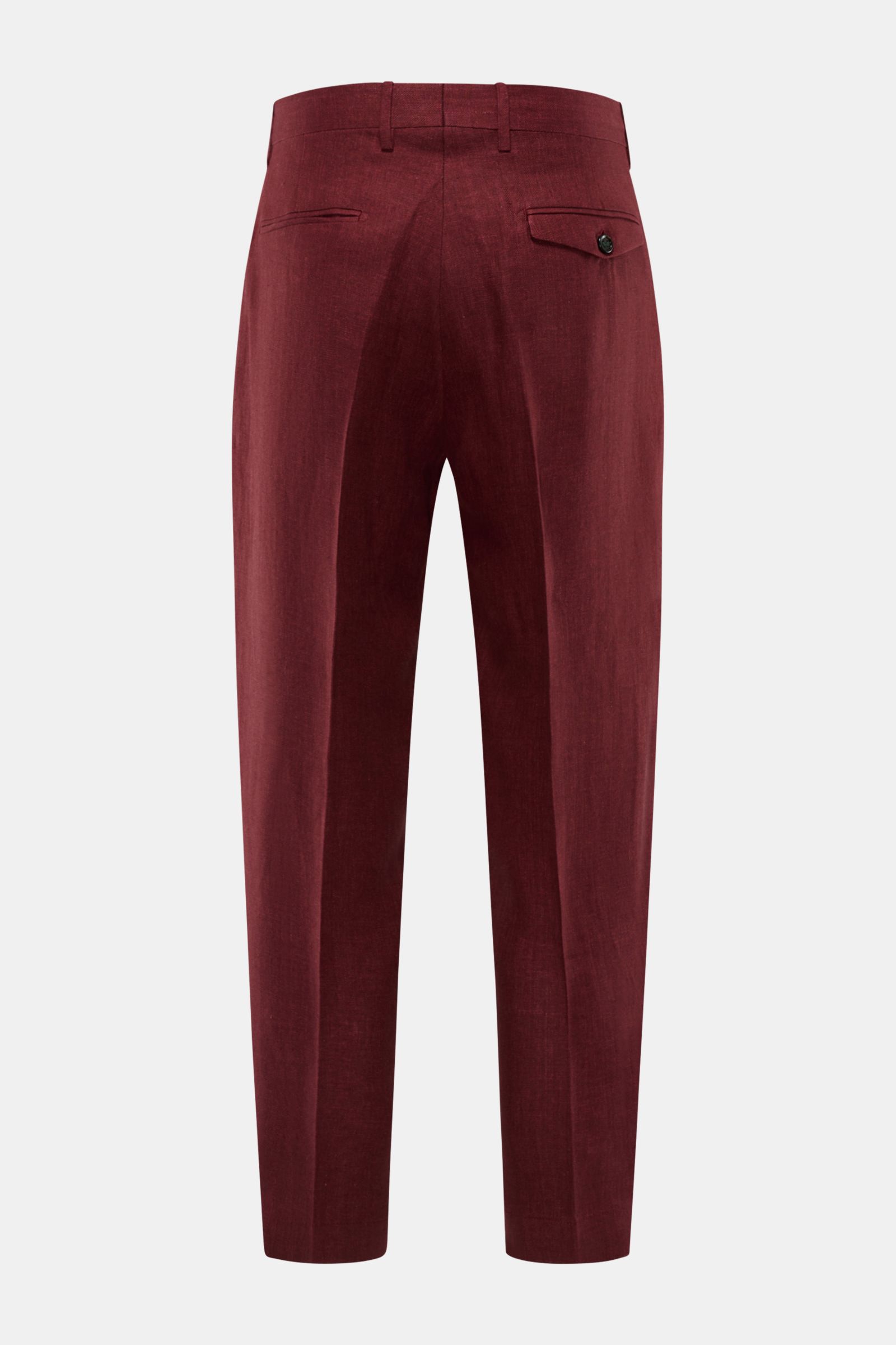 Berwich Leinenhose 'Chiaia' bordeaux shown from the back, featuring pure linen, herringbone texture, tapered fit, ankle length, button flap and welt pockets. Sommerliche Leichtigkeit verspricht die Hose 'Chiaia' von BERWICH aus reinem Leinen – die mate