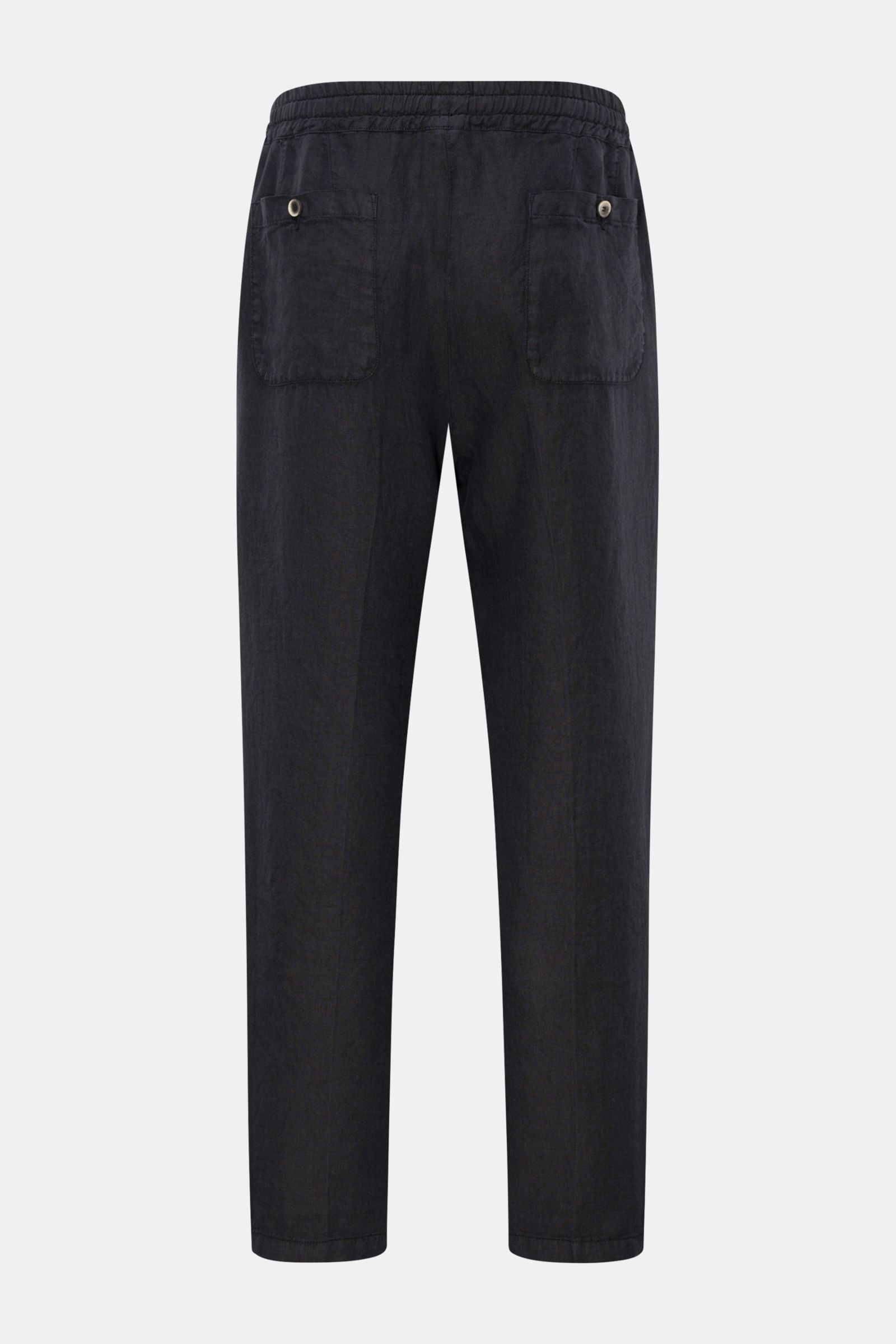 Rear view of Altea Linen jogger pants 'Mattia' dark navy in pure linen with elasticated waistband, drawstring, tapered fit, ankle length, and buttoned back pockets. Casual luxury for warm days, soft, lightweight fabric with French pockets and zip fly.