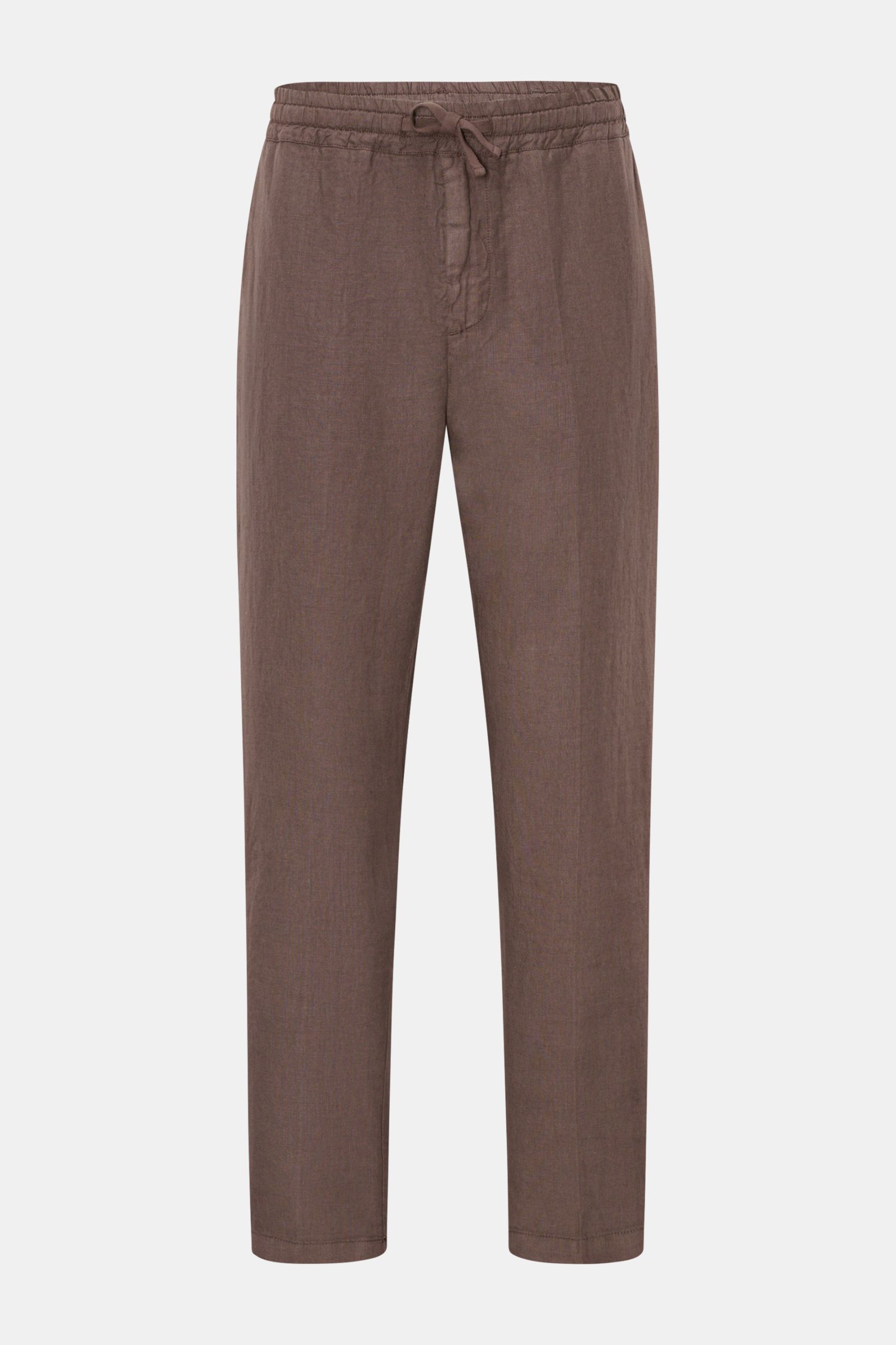 Altea Linen jogger pants 'Mattia' grey-brown shown from the front on a white background, featuring pure linen fabric, elasticated waistband with drawstring, zip fly, tapered fit, regular thigh width, ankle length, French pockets, and back pockets with but