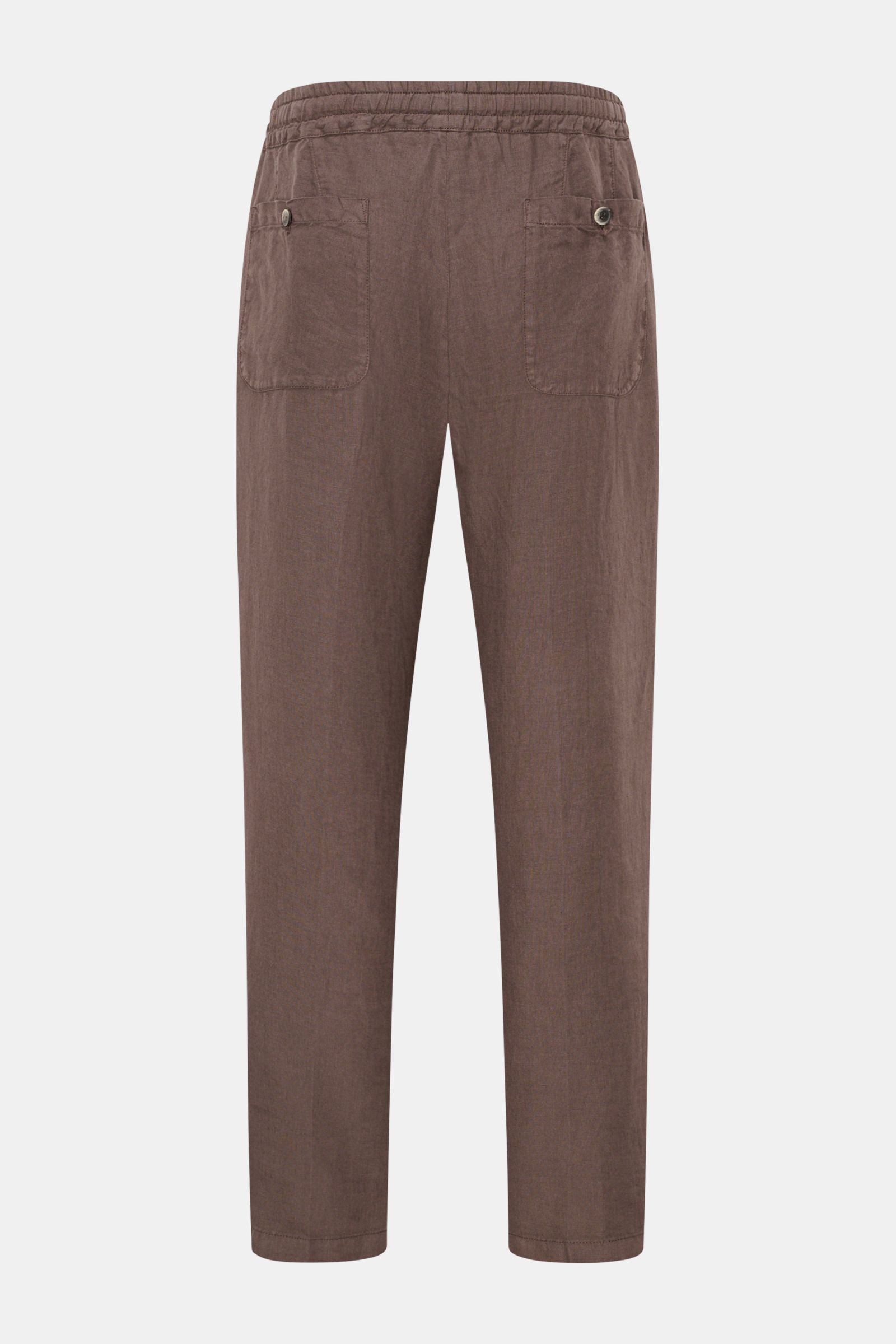 Rear view of Altea Linen jogger pants 'Mattia' grey-brown in pure linen, tapered fit, elasticated waistband, ankle length, with back button pockets.

Description: Casual luxury for warm days: The jogger pants 'Mattia' in pure linen by ALTEA are the per