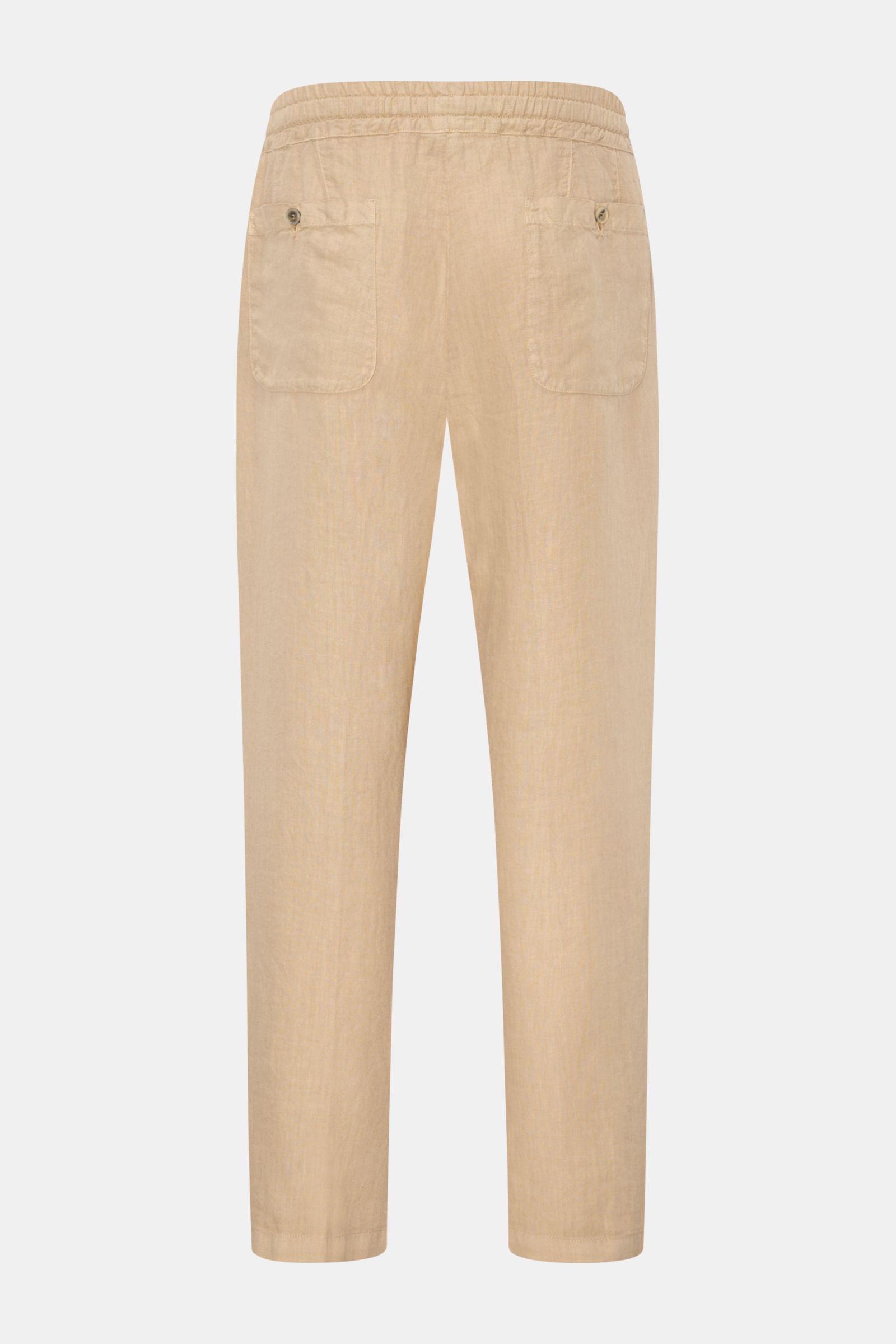 Rear view of Altea Linen jogger pants 'Mattia' beige in pure linen with elasticated waistband, tapered fit, back button pockets, and zip fly.

Description: Casual luxury for warm days: The jogger pants 'Mattia' in pure linen by ALTEA are the perfect su