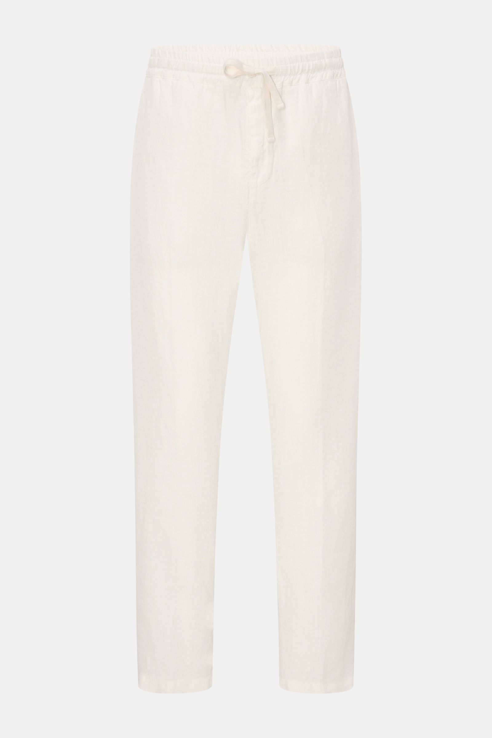 Altea Leinen-Jogpants 'Mattia' offwhite, knöchellang, Tapered Fit, elastischer Bund, Zipper-Tasche, frontal aus leichter, weicher Leinwandqualität.