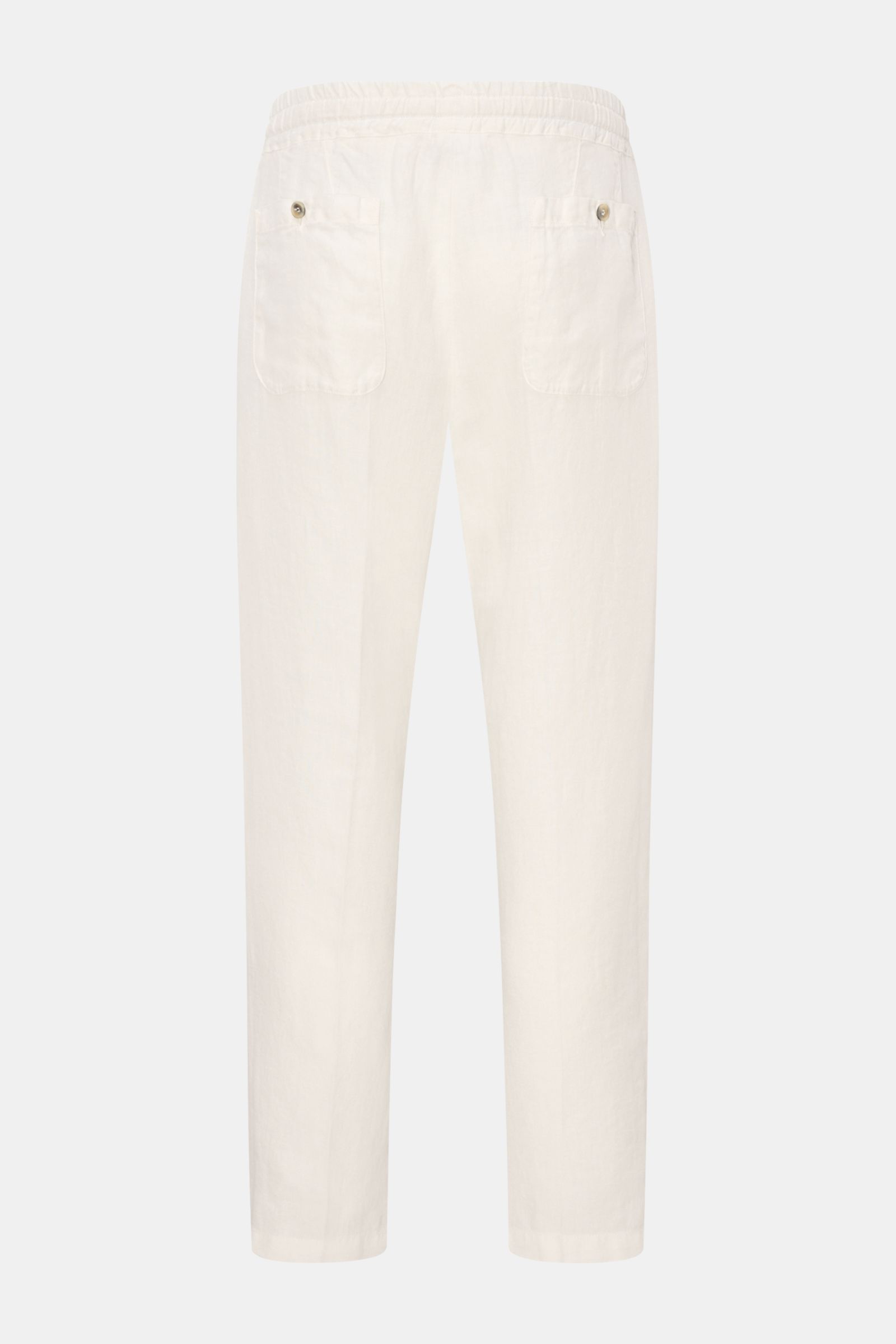 Altea Leinen-Jogpants 'Mattia' offwhite, Rückansicht, knöchellang, elastischer Bund, Gesäßtaschen mit Knopf, reine Leinenqualität, Tapered Fit.