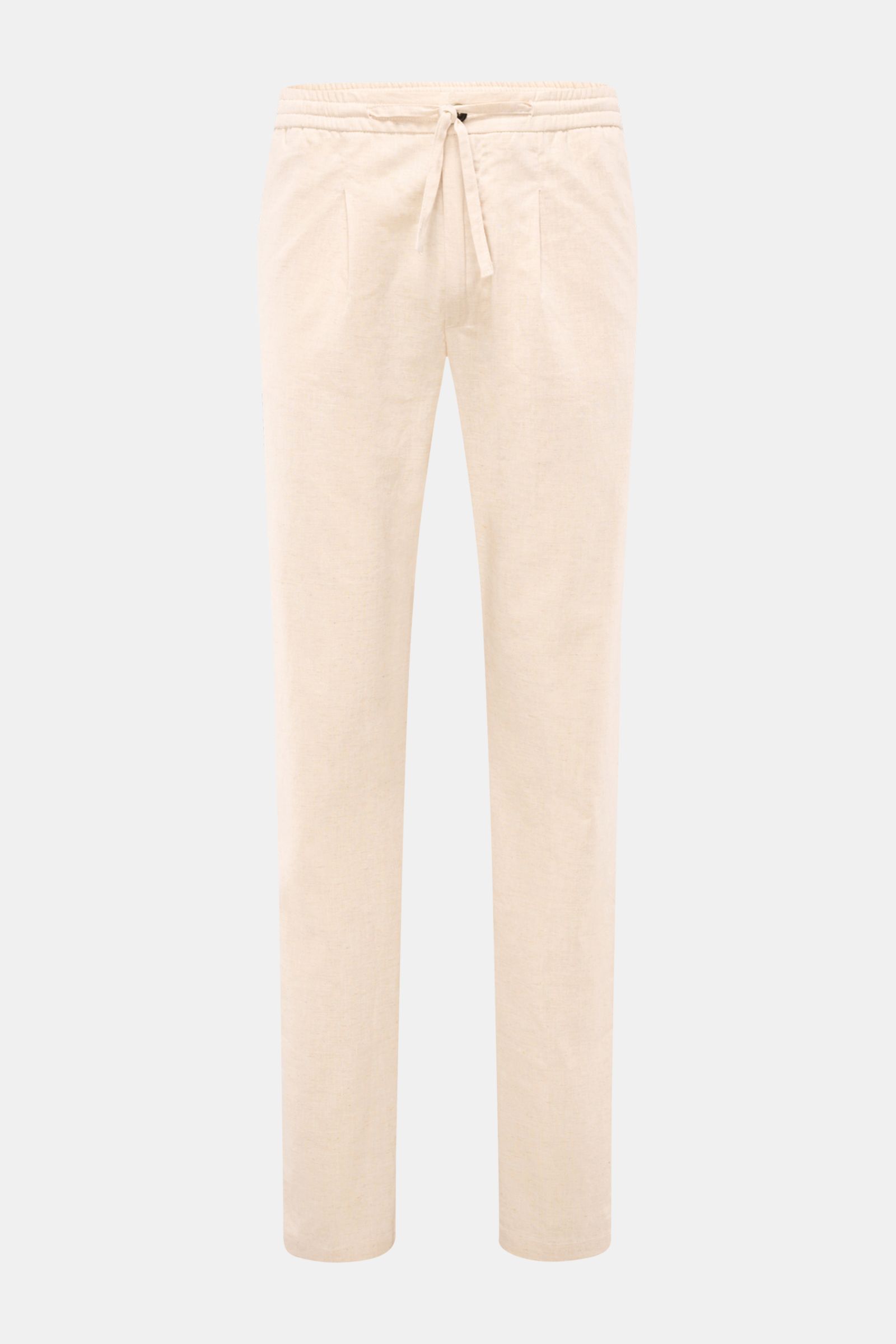 Front view of Aurélien Leinen-Jogpants creme meliert, made of pure linen with a regular fit, elastic waistband with drawstring, zipper and button, French pockets, narrow tapered legs, simple pleat, and piped back pocket, offering luxurious casual wear for