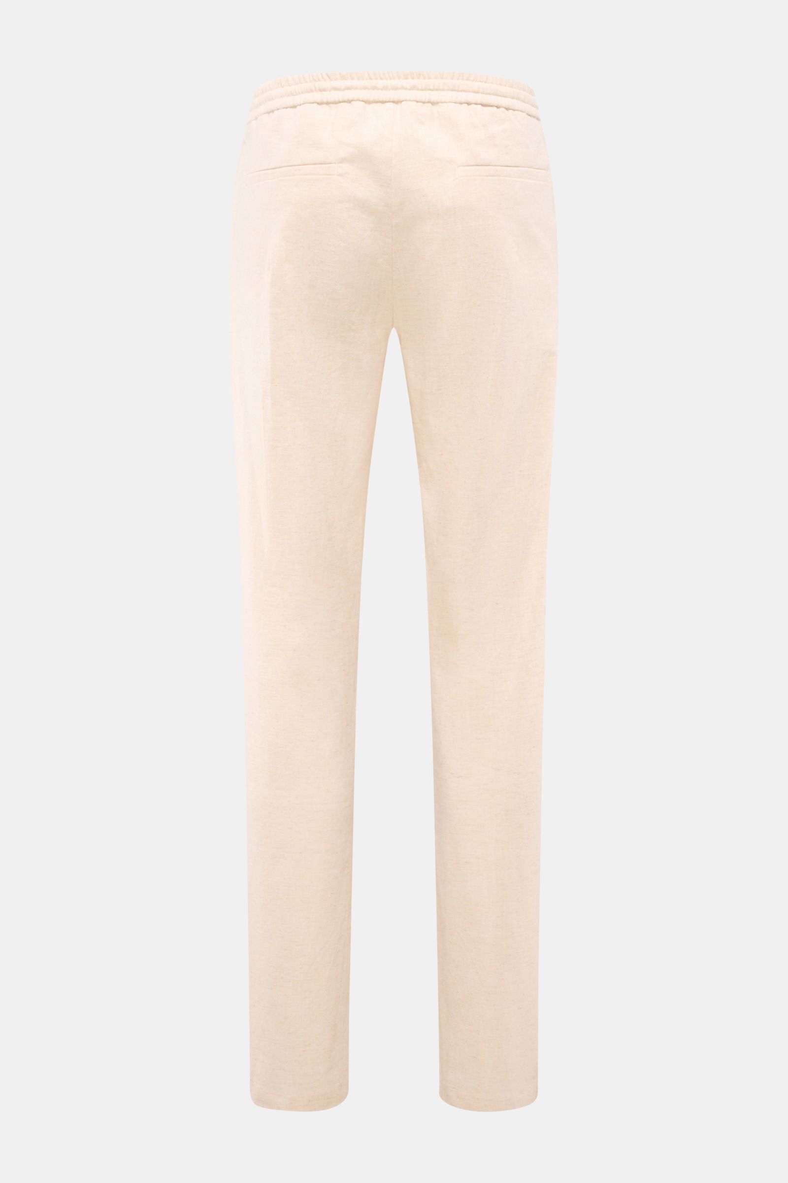 Rear view of Aurélien Leinen-Jogpants creme meliert, pure linen, lightweight texture, regular fit with narrow taper, elastic waistband with drawstring, zipper and button closure, French pockets, single pleat, and piped back pockets, offering luxurious cas