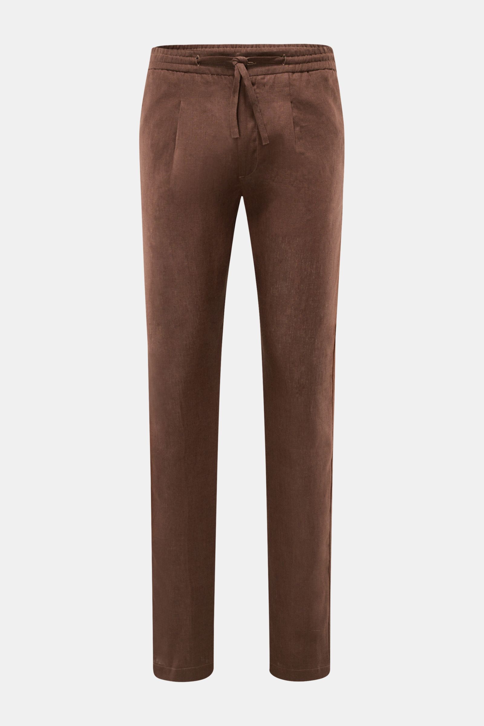 Front view of Aurélien Leinen-Jogpants dunkelbraun, slim tapered fit in pure linen with elastic waistband, zipper, button, and French pockets.