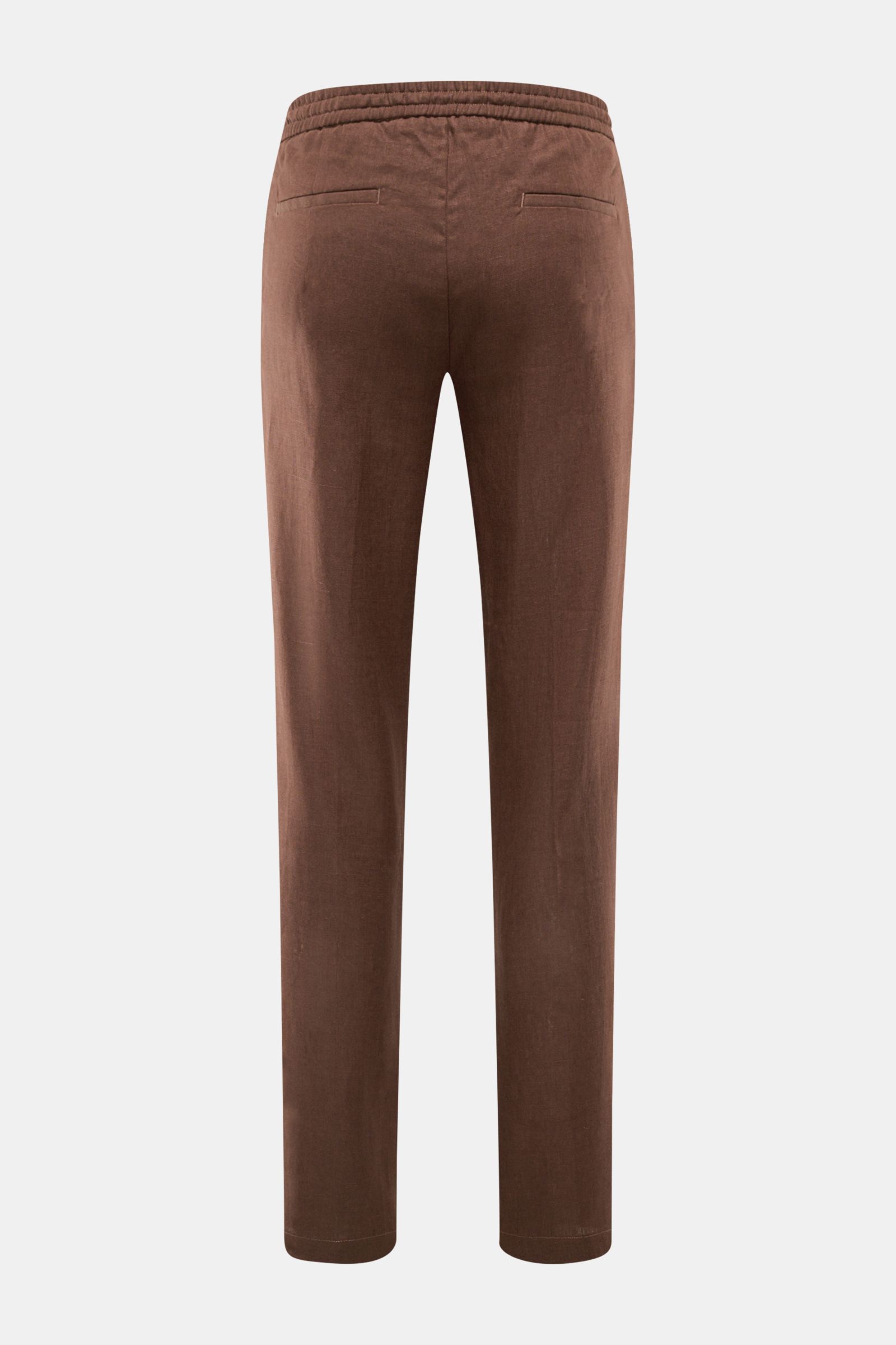 Rear view of Aurélien Leinen-Jogpants dunkelbraun, pure linen jogpants with elastic waistband, slim taper fit, welt back pockets, and natural texture.