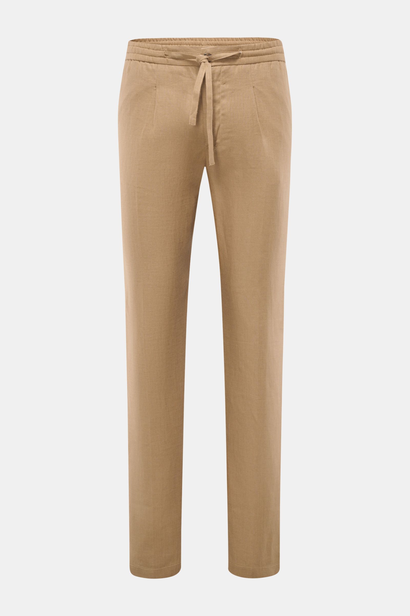 Front view of Aurélien Leinen-Jogpants hellbraun in light brown pure linen, regular fit, tapered legs, elastic waistband with drawstring, French pockets, zipper and button closure, simple front pleat, and piped back pocket, ideal for luxurious summer casu