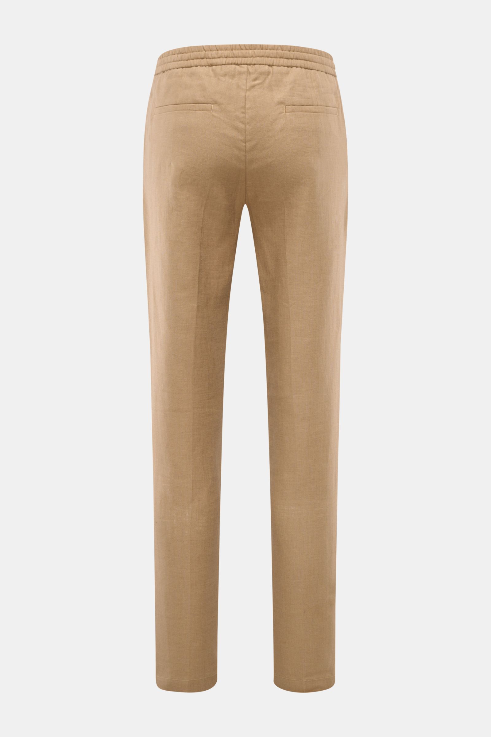 Aurélien Leinen-Jogpants hellbraun shown from the back, made of pure linen with elastic waistband, narrow fit, zipper, button, French pockets, and welt back pockets. Luxurious casual style for warm days with a lightweight, slightly textured fabric and sim