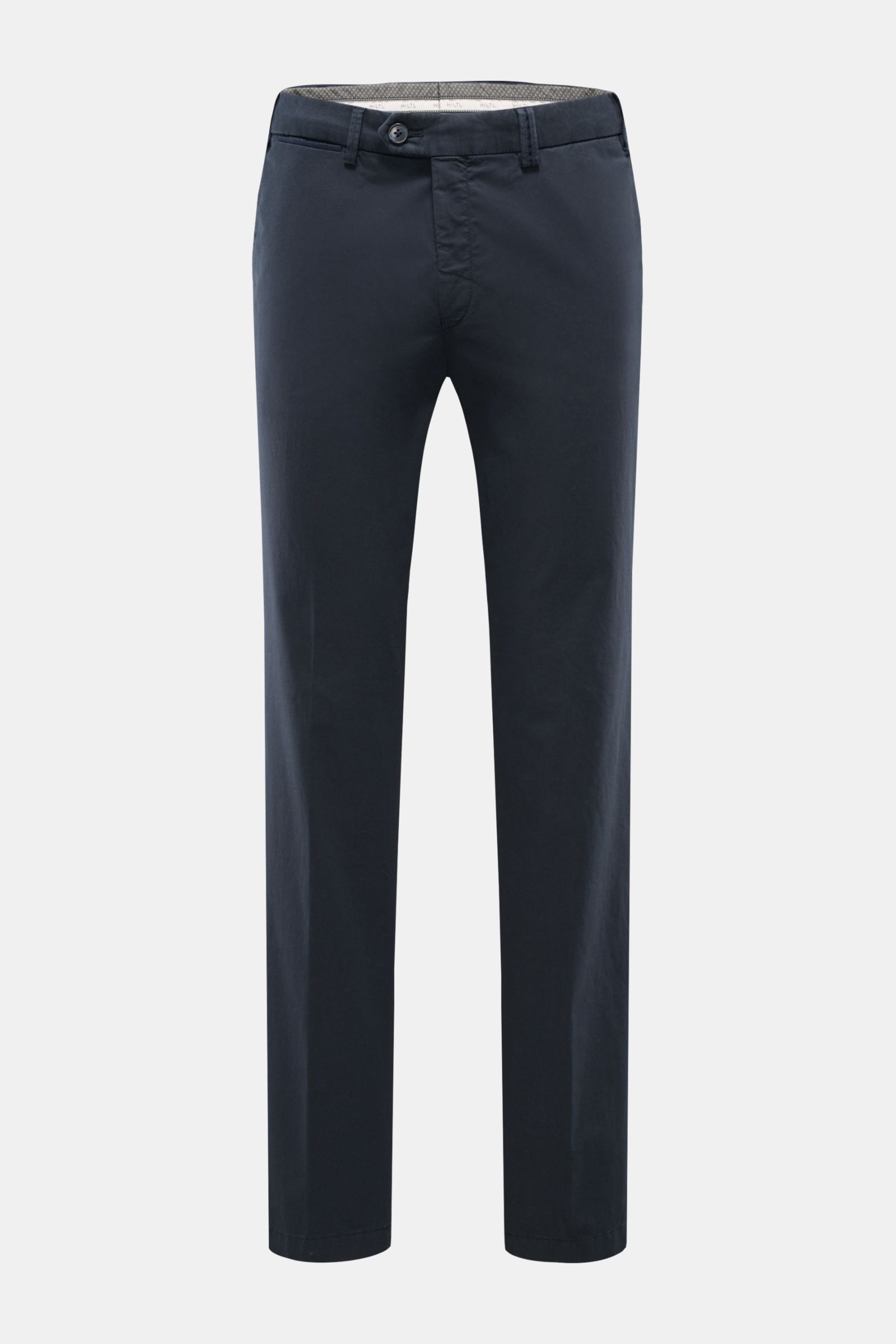 Front view of Hiltl Cotton trousers 'Peaker' navy, lightweight cotton poplin with slight stretch, regular fit, tapered cut, zip fly, waist button, French pockets, and jetted back pockets with button, perfect for office wear.
