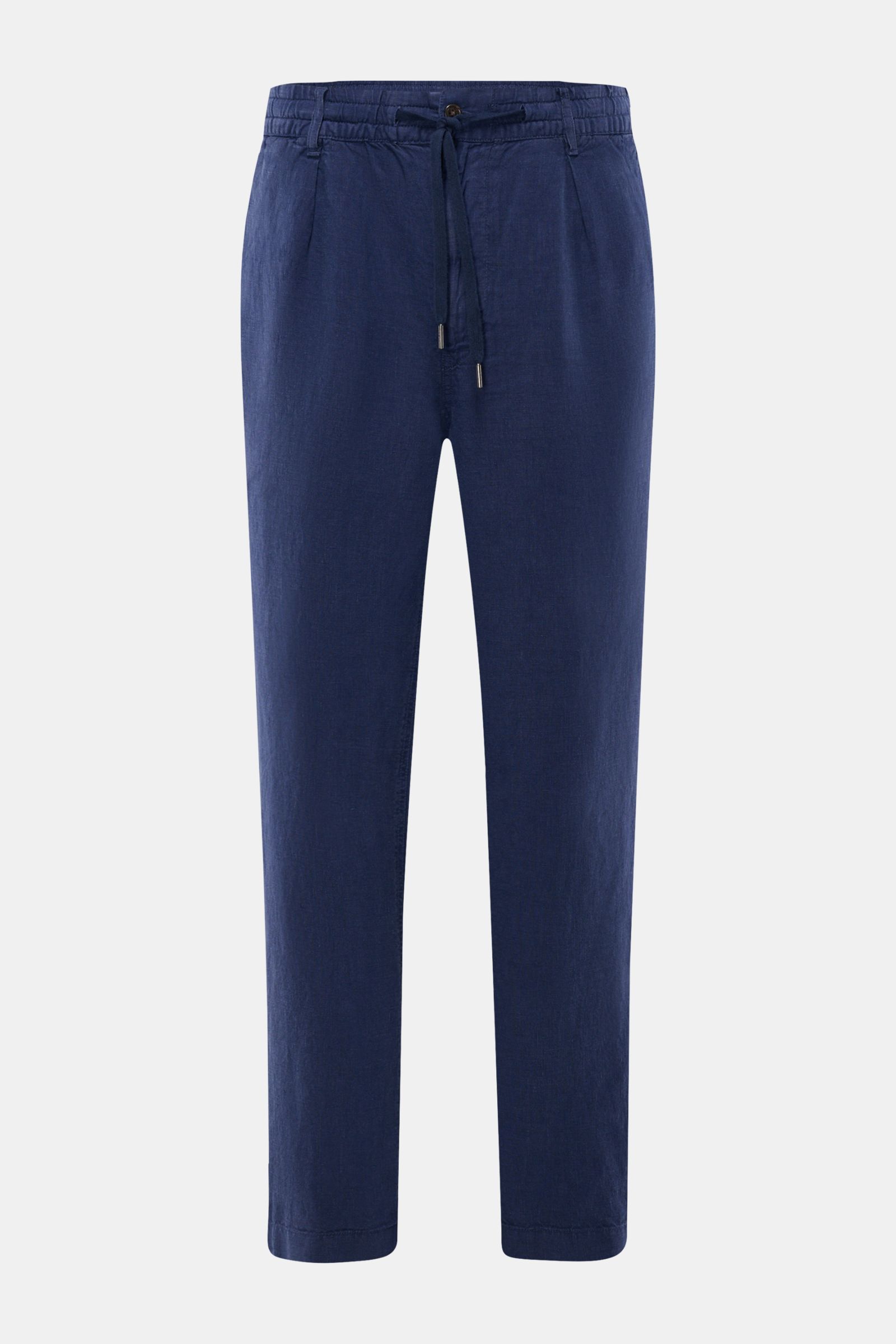 Frontansicht der Polo Ralph Lauren Leinenhose navy aus reinem Leinen, knöchellang, schmal zulaufend mit elastischem Bund und Tunnelzug.