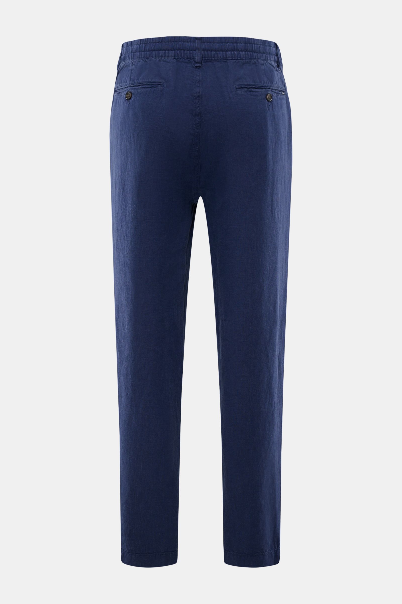Polo Ralph Lauren Leinenhose navy, knöchellang mit elastischem Bund, Tunnelzug, französischen Taschen, schmal zulaufend, Rückansicht, reines Leinen.