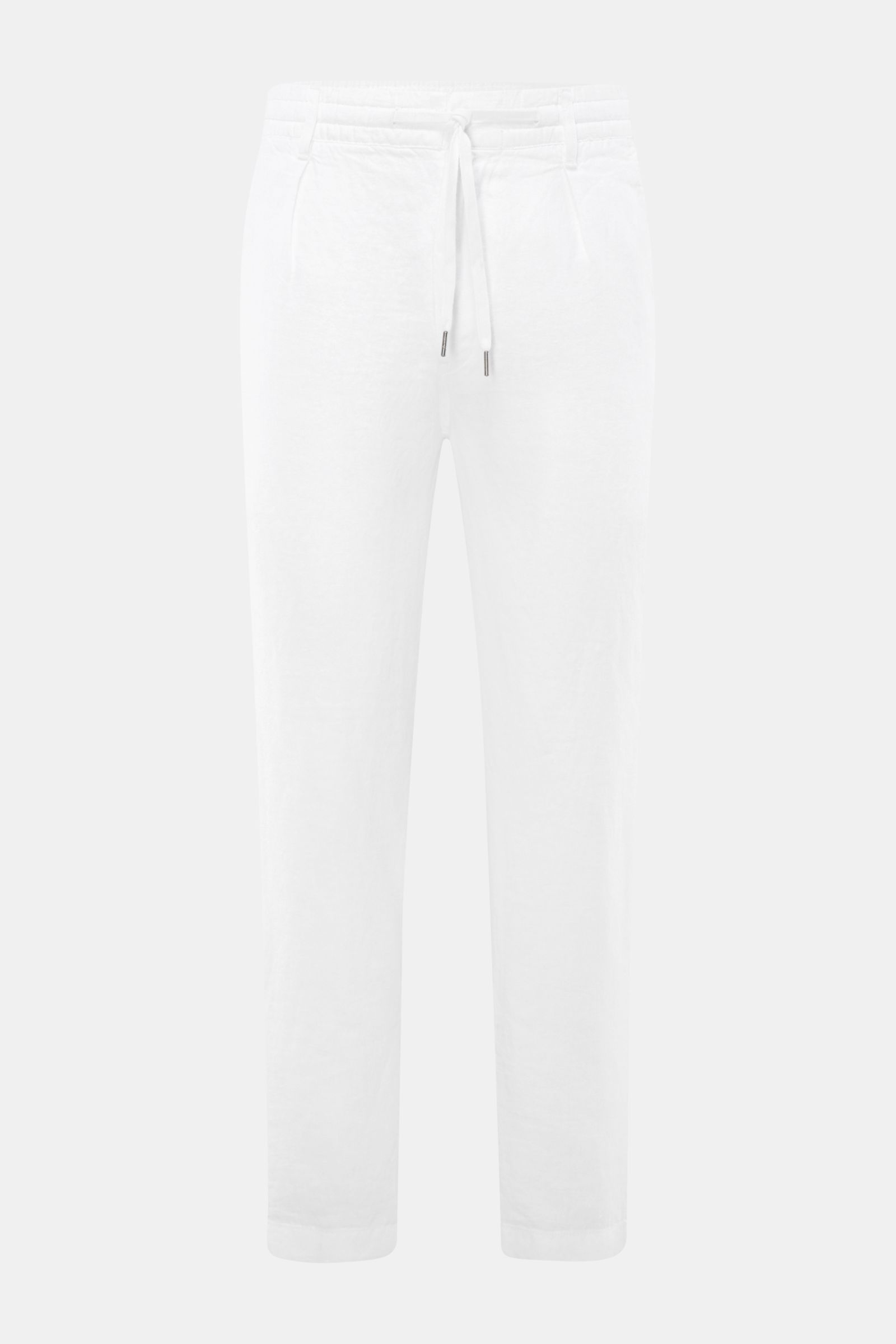Frontansicht der Polo Ralph Lauren Leinenhose weiß, reine Leinenhose mit elastischem Bund, Tunnelzug, Tapered Fit und französischen Taschen.