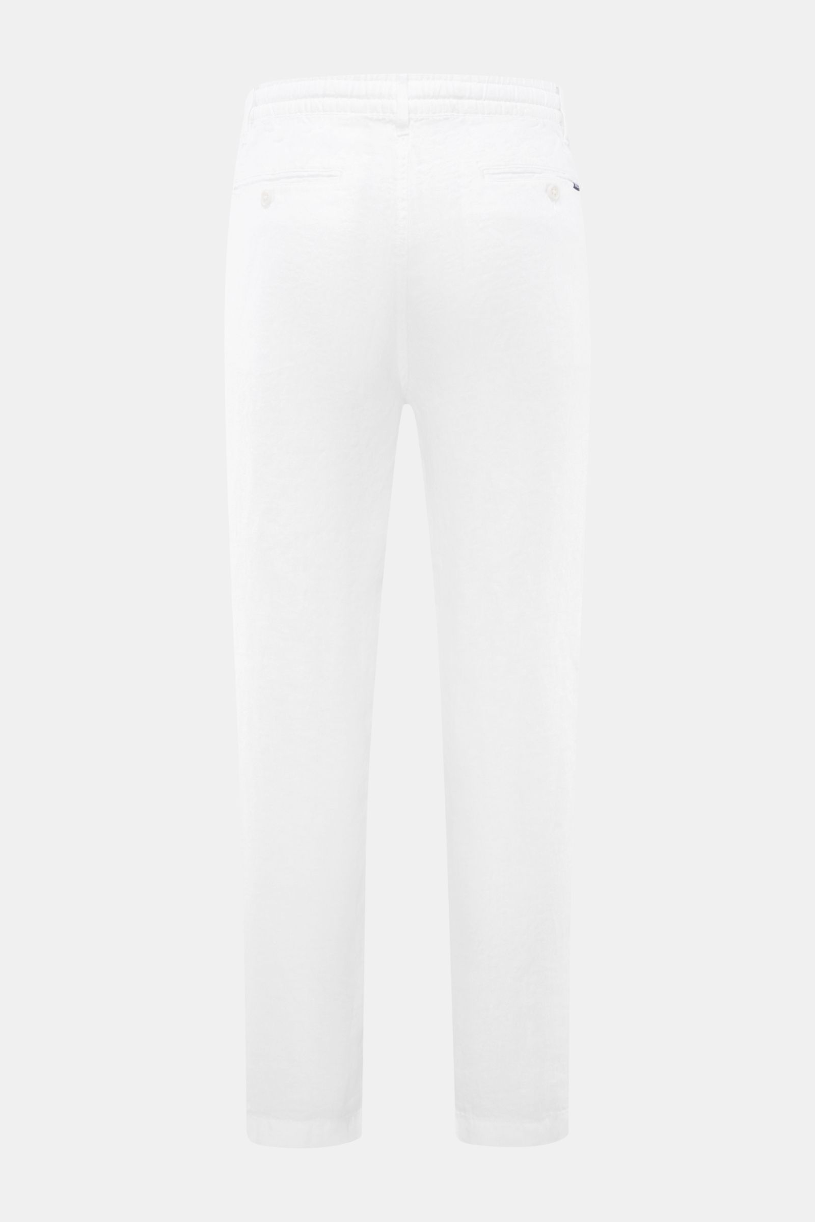 Weiß fotografierte Polo Ralph Lauren Leinenhose weiß von hinten, reines Leinen, schmal zulaufend, knöchellang, elastischer Bund mit Tunnelzug.
