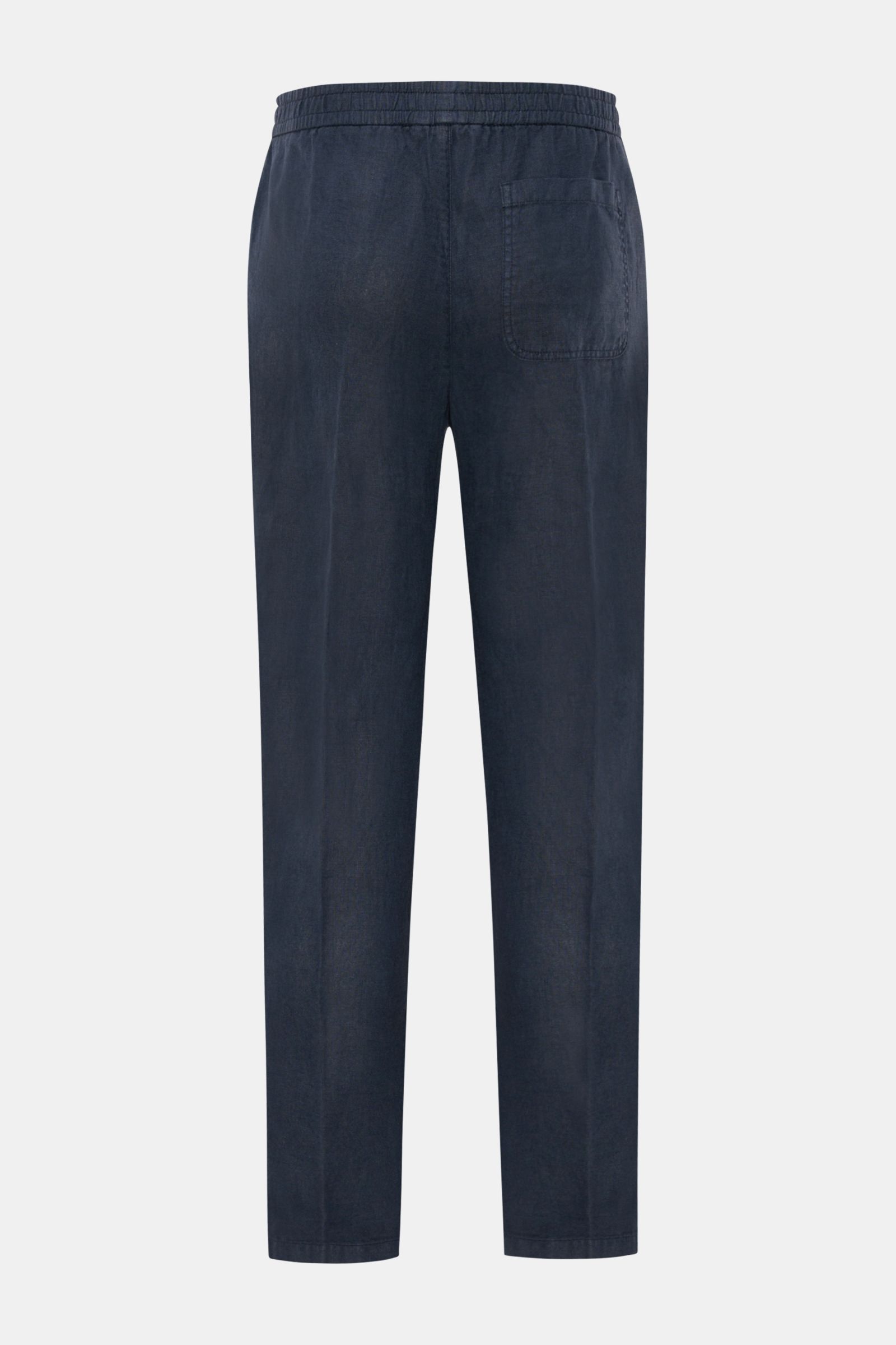 Rückansicht der 04651/ A trip in a bag Leinen-Jogpants 'Linen Pants' navy aus reinem Leinen mit elastischem Bund, französischen Taschen und tapered Fit.