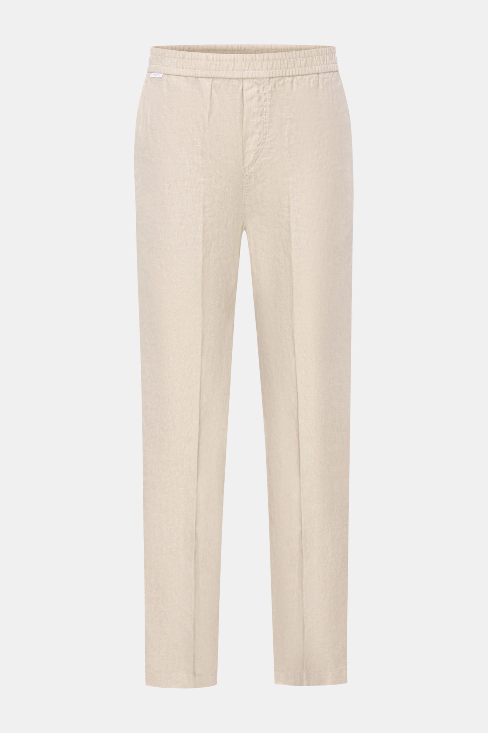 04651/ A trip in a bag Leinen-Jogpants 'Linen Pants' beige, knöchellang, Tapered Fit, elastischer Bund, französische Taschen, frontale Perspektive.