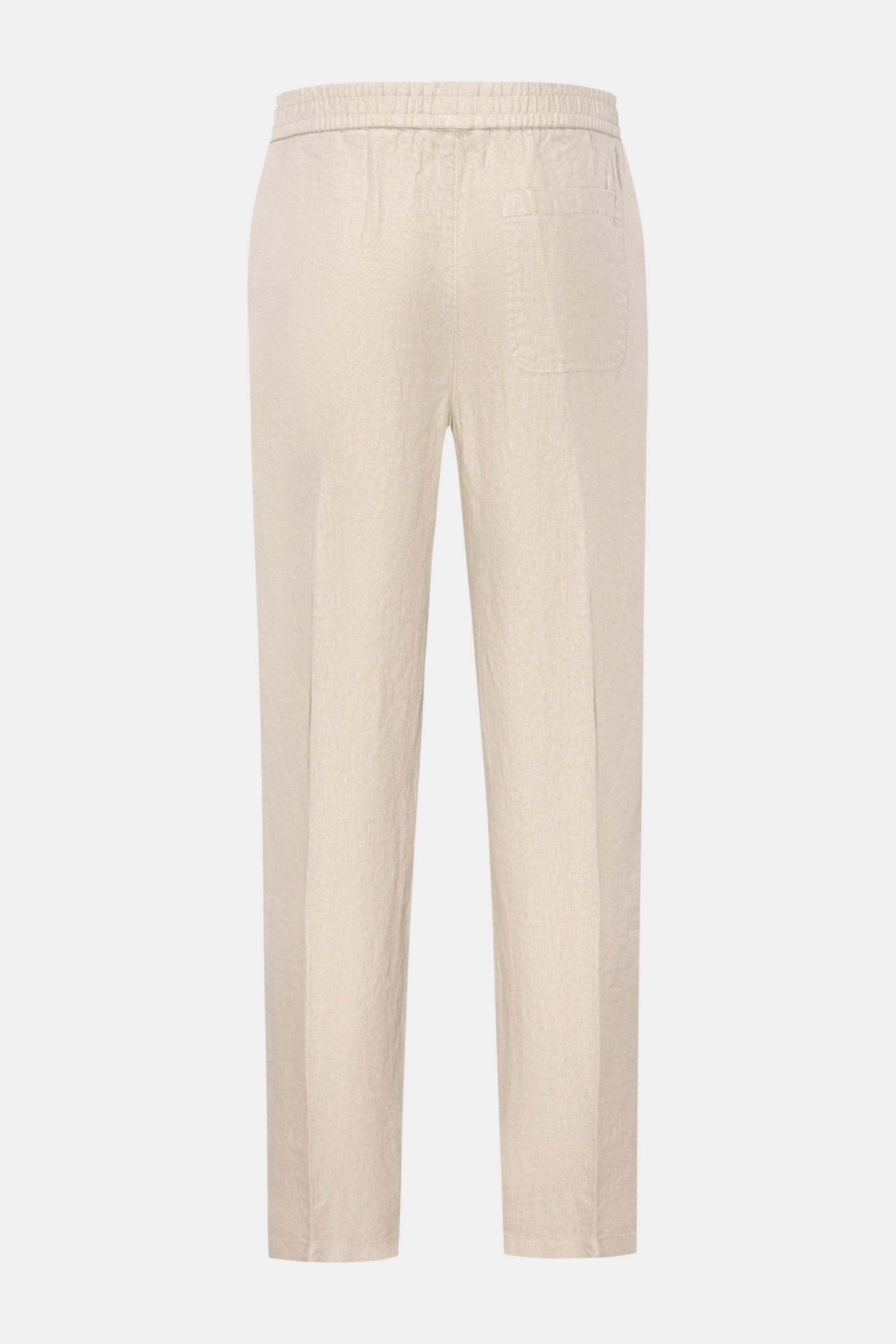Rückansicht der beige 04651/ A trip in a bag Leinen-Jogpants 'Linen Pants' aus reinem Leinen mit elastischem Bund, Taschen und tapered Fit.