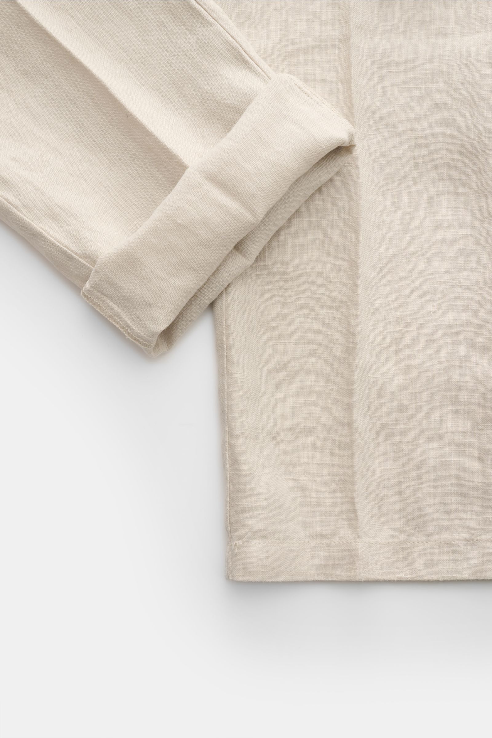 Beige 04651/ A trip in a bag Leinen-Jogpants 'Linen Pants' aus reinem Leinen, knöchellang, elastischer Bund, gerader Schnitt, Detailaufnahme von unten.